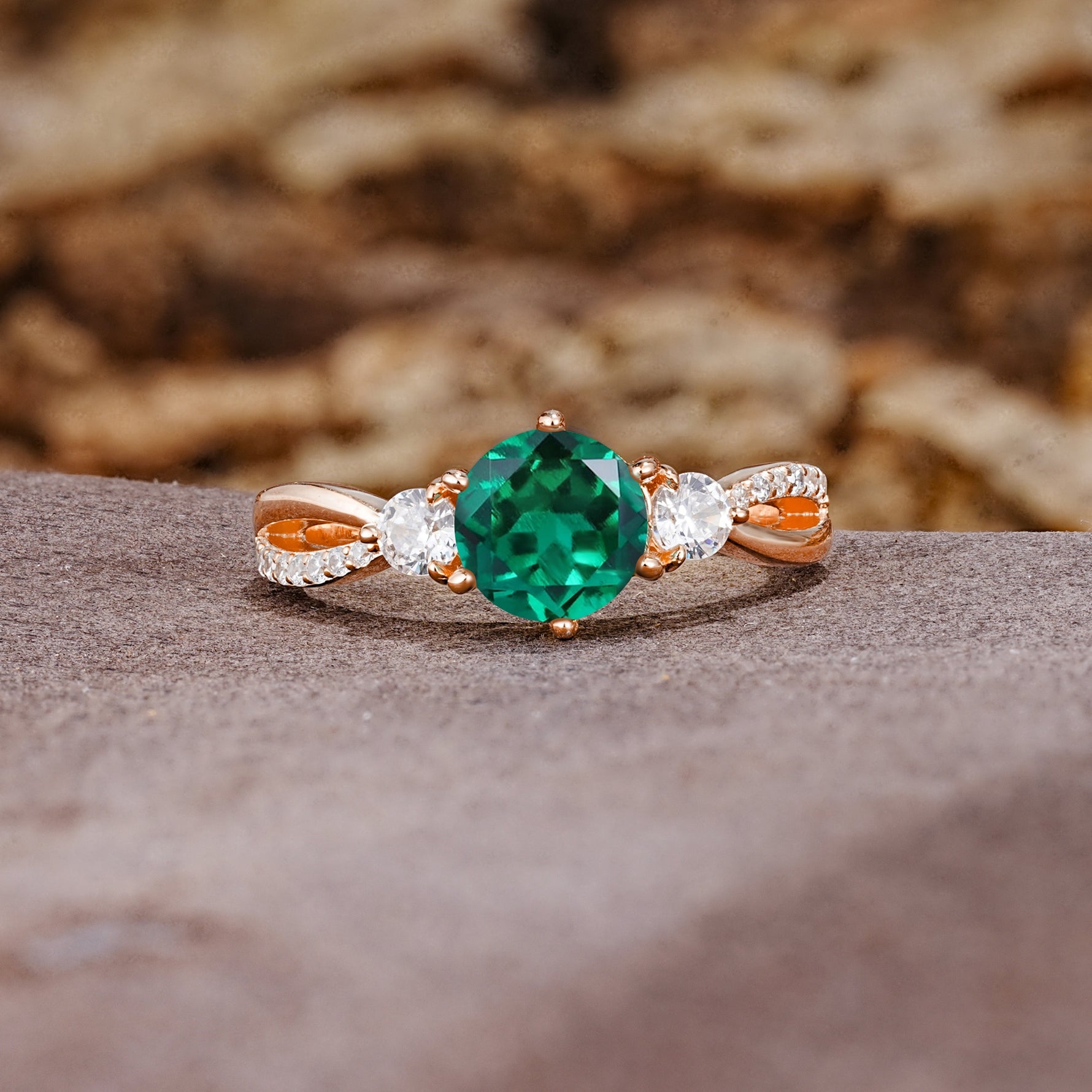 Unique Classic 6-Prong Round Cut EmeraldTwo Stones Engagement Ring - Additional view