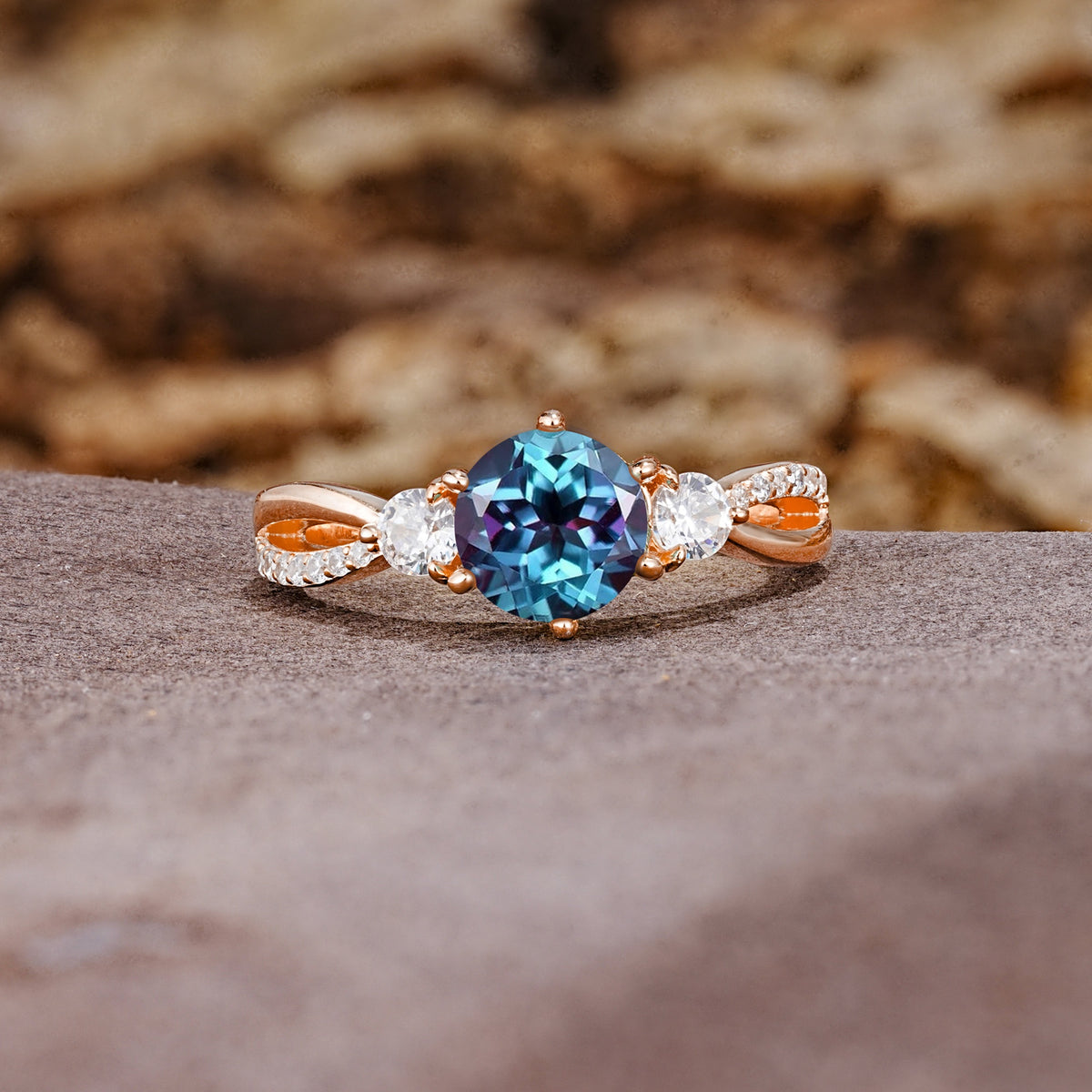 Unique Classic 6-Prong Round Cut AlexandriteTwo Stones Engagement Ring - Additional view