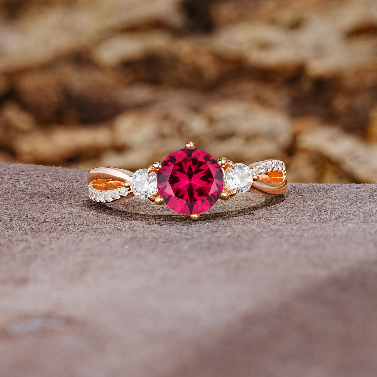 Unique Classic 6-Prong Round Cut RubyTwo Stones Engagement Ring - Additional view