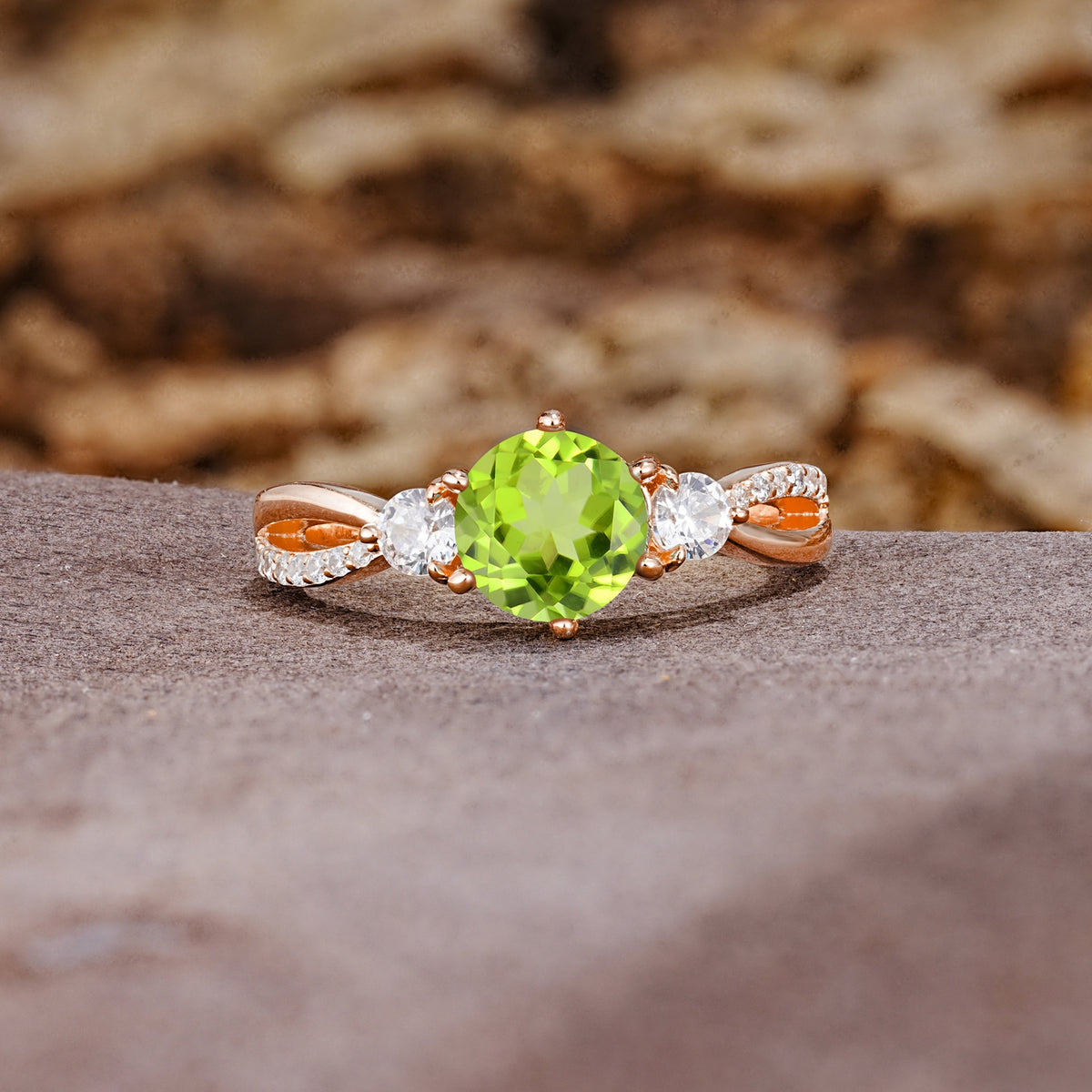 Unique Classic 6-Prong Round Cut PeridotTwo Stones Engagement Ring - Additional view