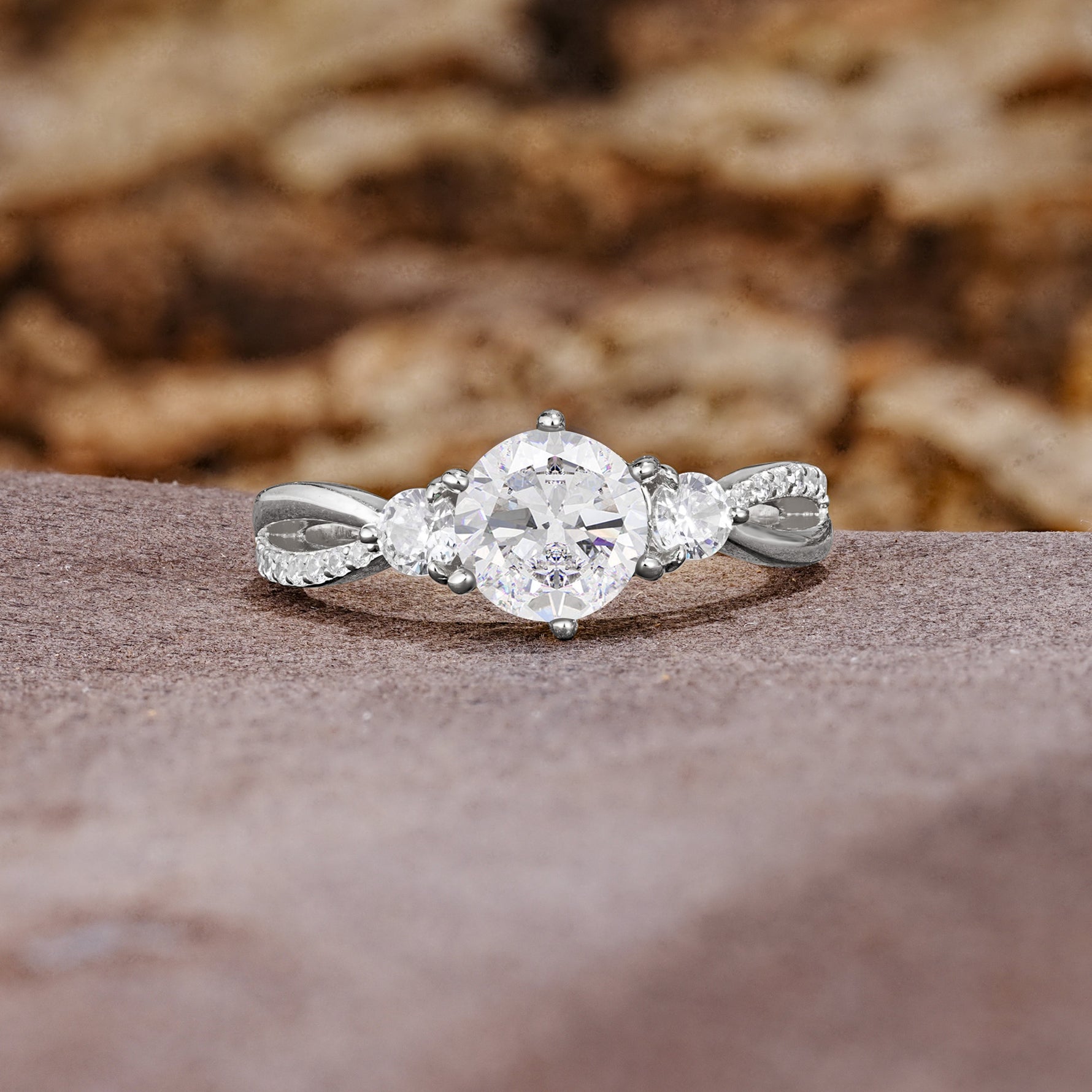 Unique Classic 6-Prong Round Cut MoissaniteTwo Stones Engagement Ring - Additional view