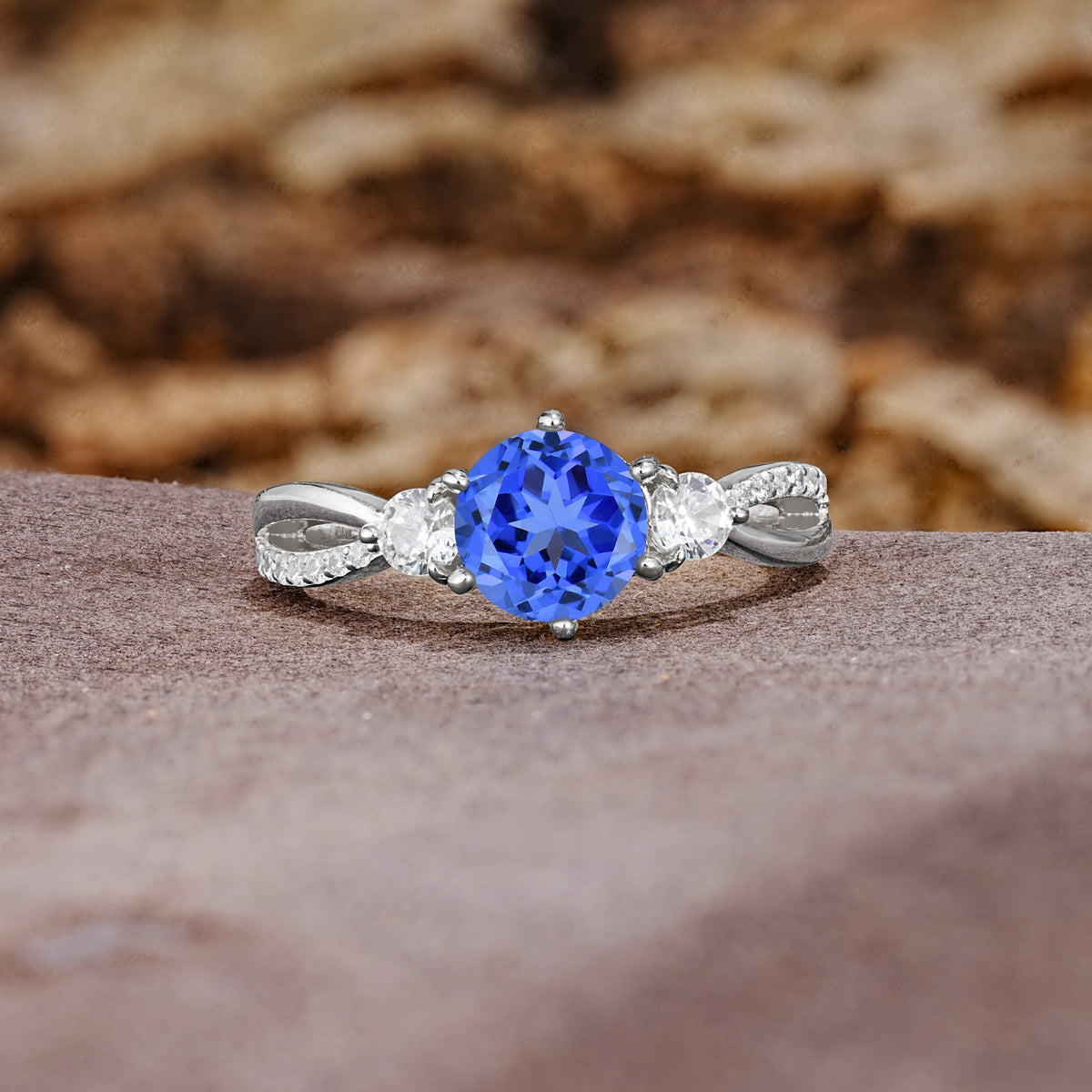 Unique Classic 6-Prong Round Cut SapphireTwo Stones Engagement Ring - Additional view