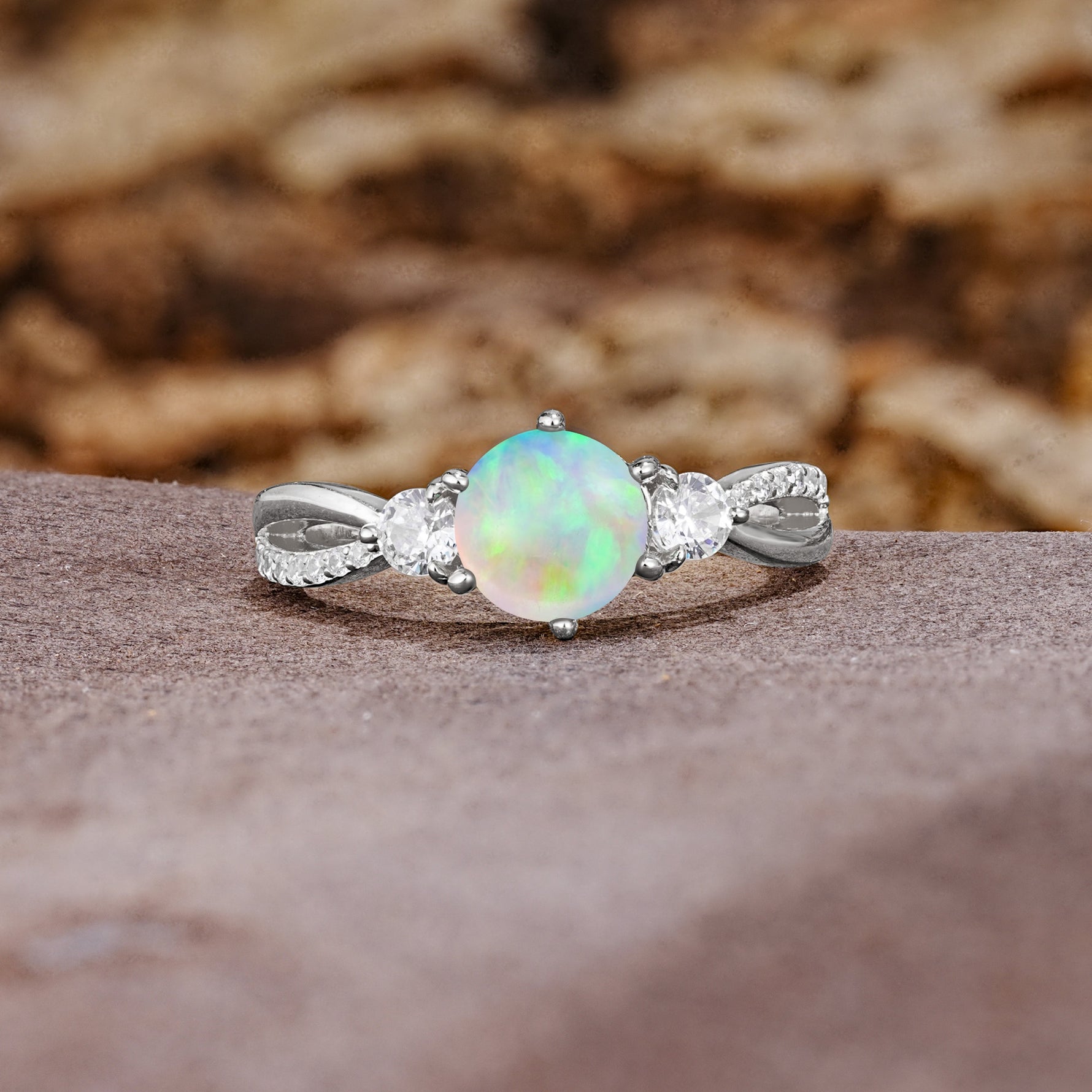 Unique Classic 6-Prong Round Cut Fire OpalTwo Stones Engagement Ring - Additional view