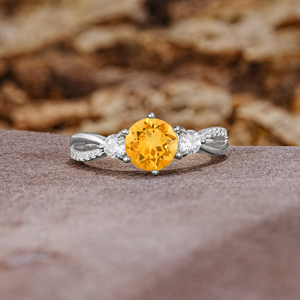 Unique Classic 6-Prong Round Cut CitrineTwo Stones Engagement Ring - Additional view