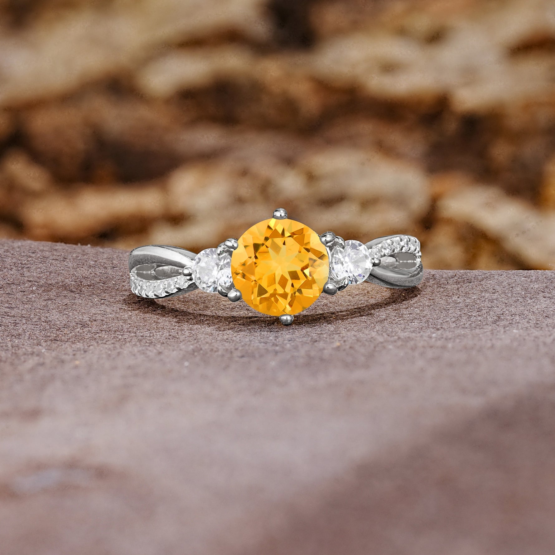 Unique Classic 6-Prong Round Cut CitrineTwo Stones Engagement Ring - Additional view