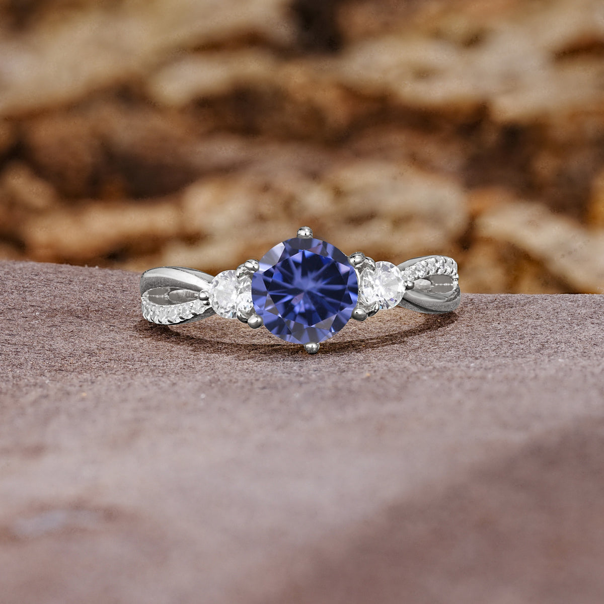 Unique Classic 6-Prong Round Cut TanzaniteTwo Stones Engagement Ring - Additional view