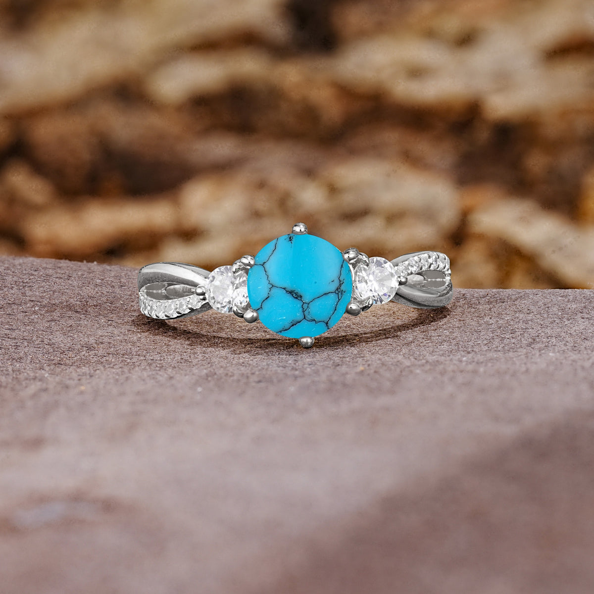 Unique Classic 6-Prong Round Cut TurquoiseTwo Stones Engagement Ring - Additional view