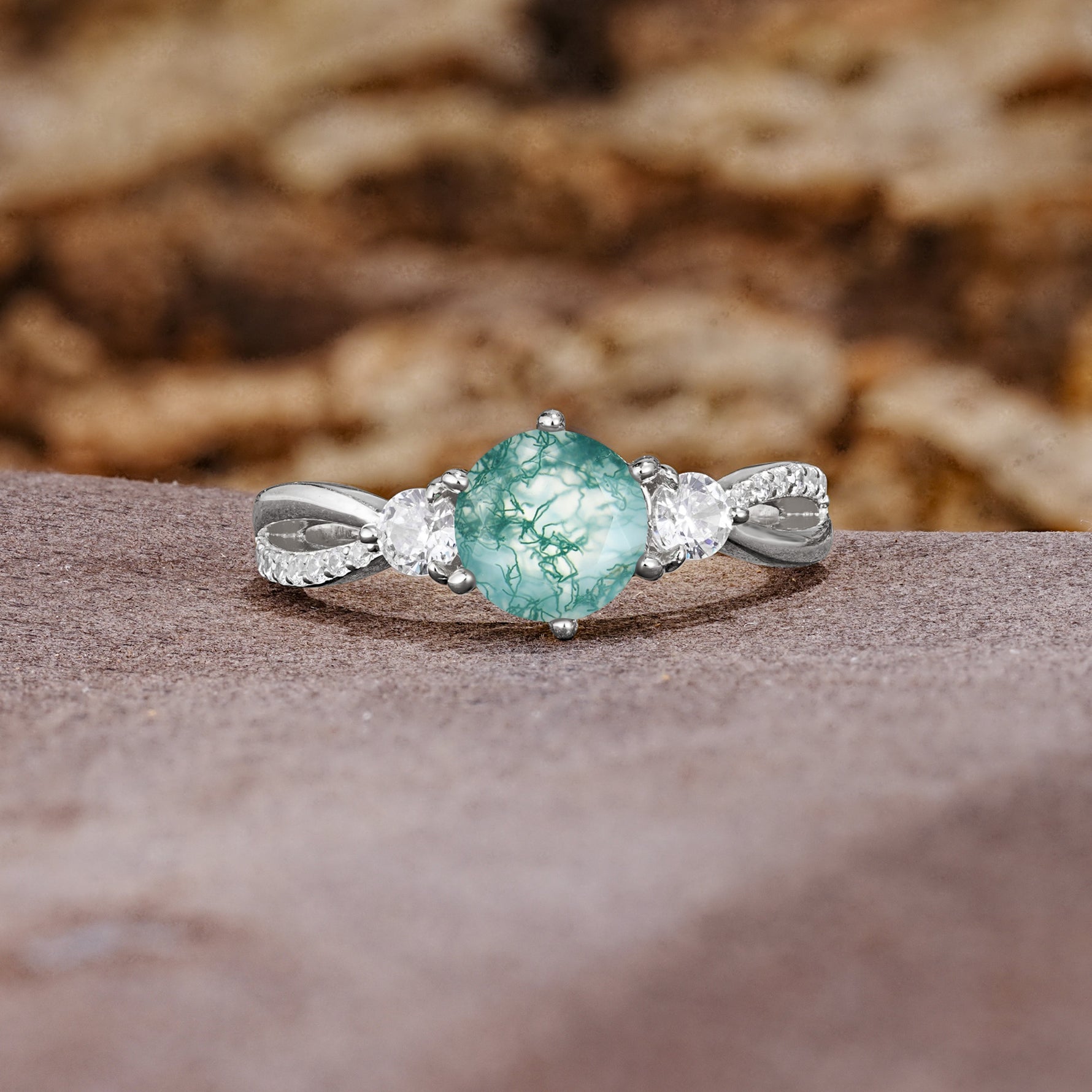 Unique Classic 6-Prong Round Cut Moss AgateTwo Stones Engagement Ring - Additional view