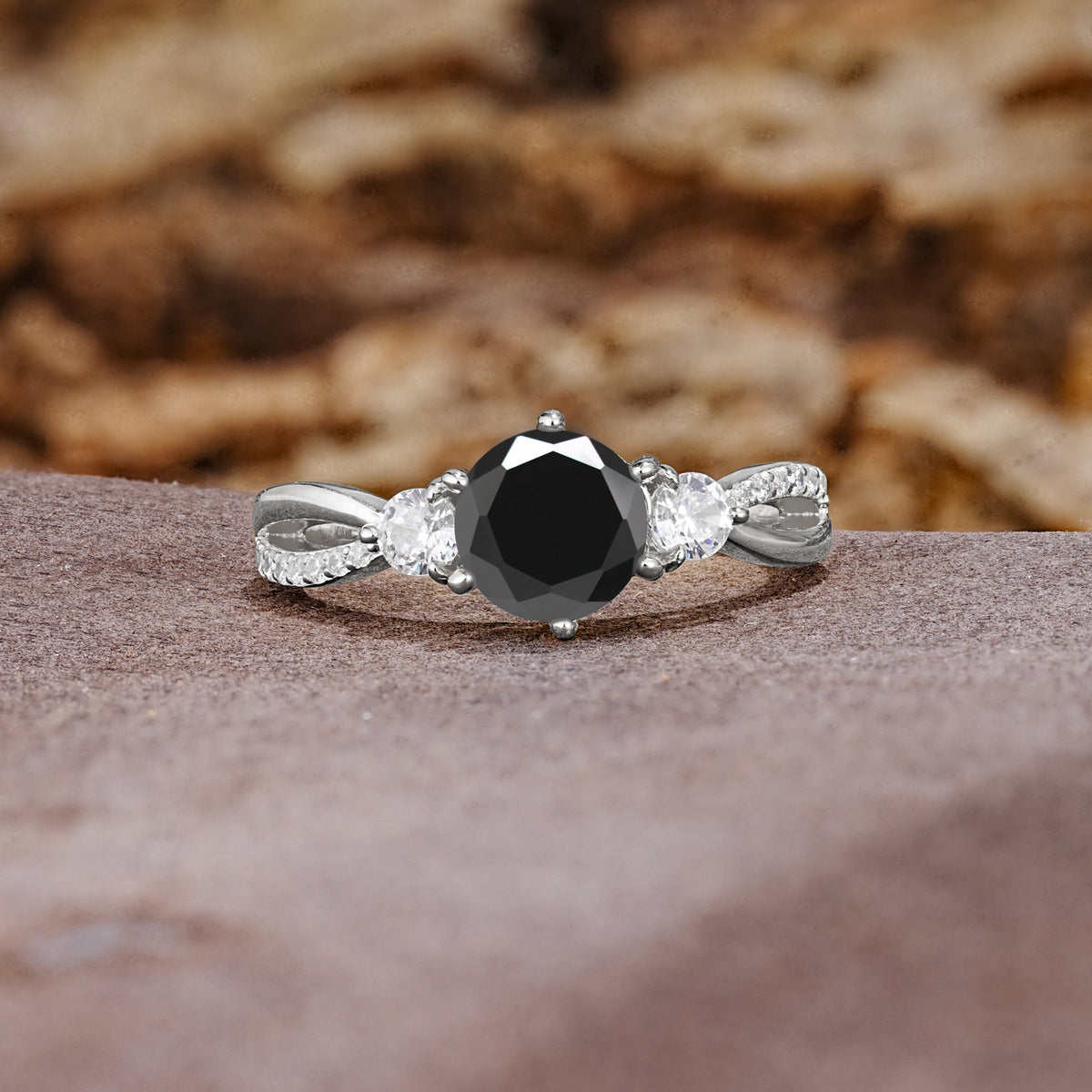 Unique Classic 6-Prong Round Cut Black OnyxTwo Stones Engagement Ring - Additional view