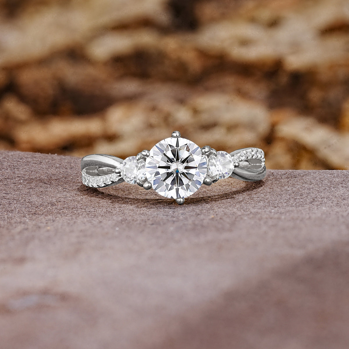 Unique Classic 6-Prong Round Cut Lab DiamondTwo Stones Engagement Ring - Additional view