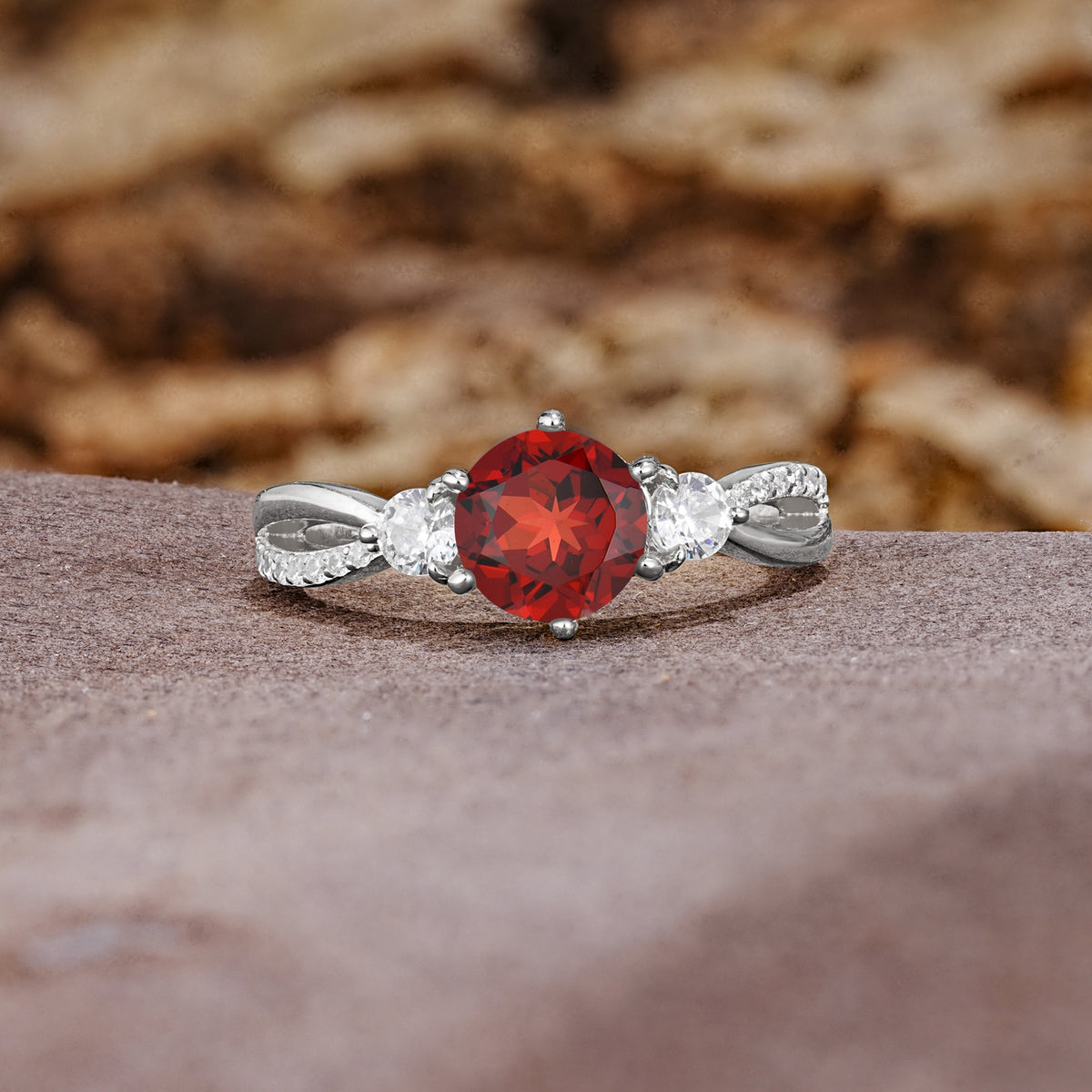 Unique Classic 6-Prong Round Cut GarnetTwo Stones Engagement Ring - Additional view