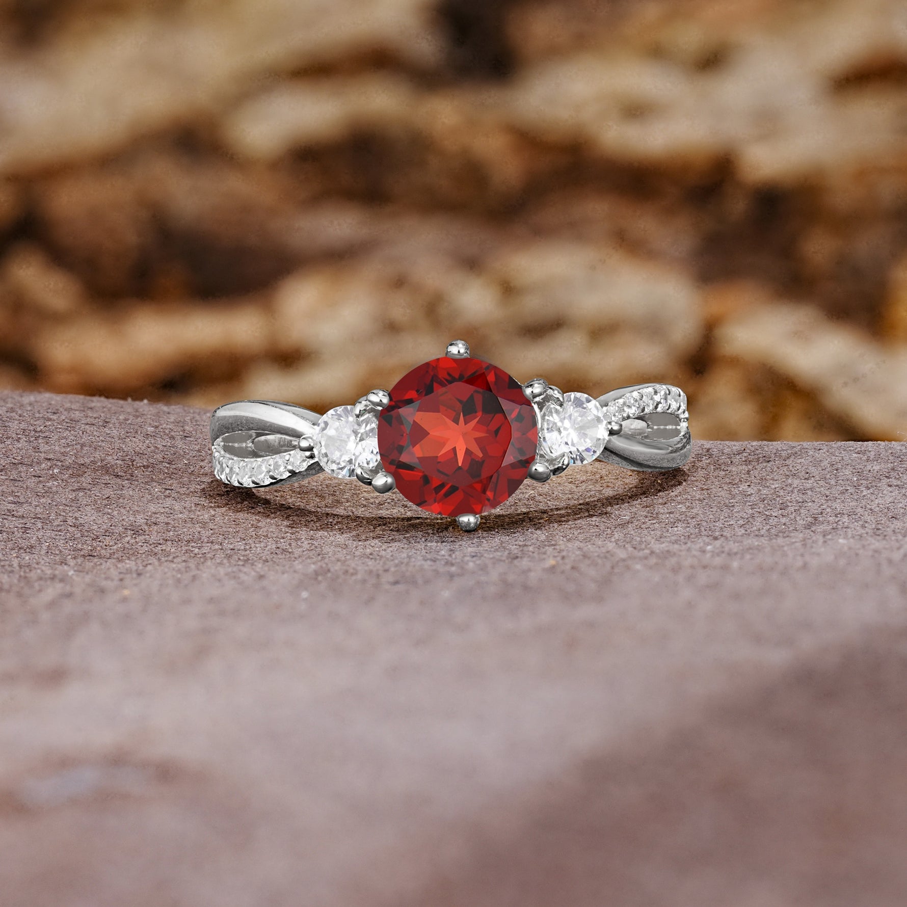 Unique Classic 6-Prong Round Cut GarnetTwo Stones Engagement Ring - Additional view