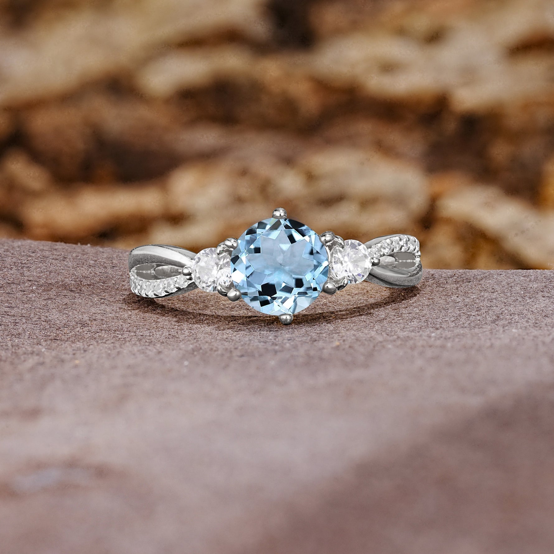 Unique Classic 6-Prong Round Cut AquamarineTwo Stones Engagement Ring - Additional view