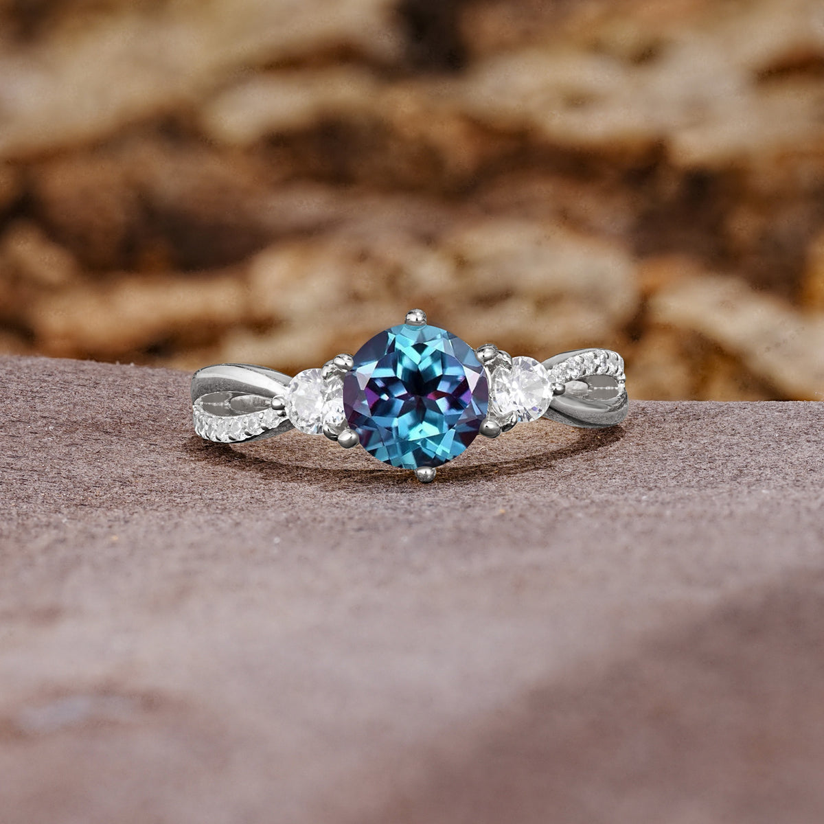 Unique Classic 6-Prong Round Cut AlexandriteTwo Stones Engagement Ring - Additional view