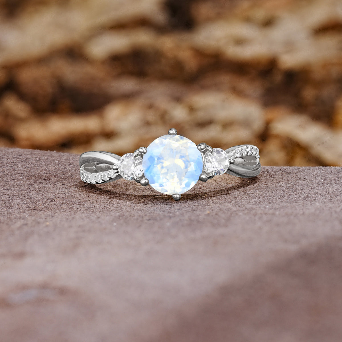 Unique Classic 6-Prong Round Cut MoonstoneTwo Stones Engagement Ring - Additional view