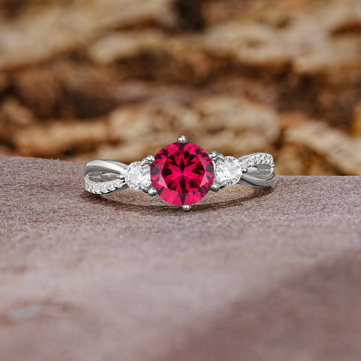 Unique Classic 6-Prong Round Cut RubyTwo Stones Engagement Ring - Additional view
