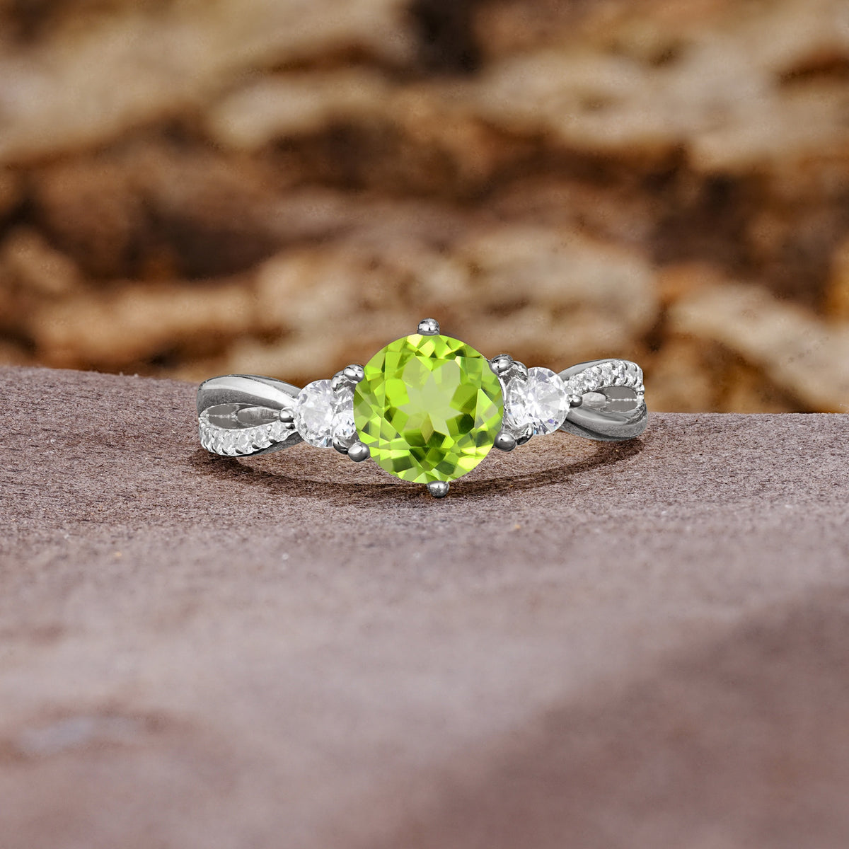 Unique Classic 6-Prong Round Cut PeridotTwo Stones Engagement Ring - Additional view