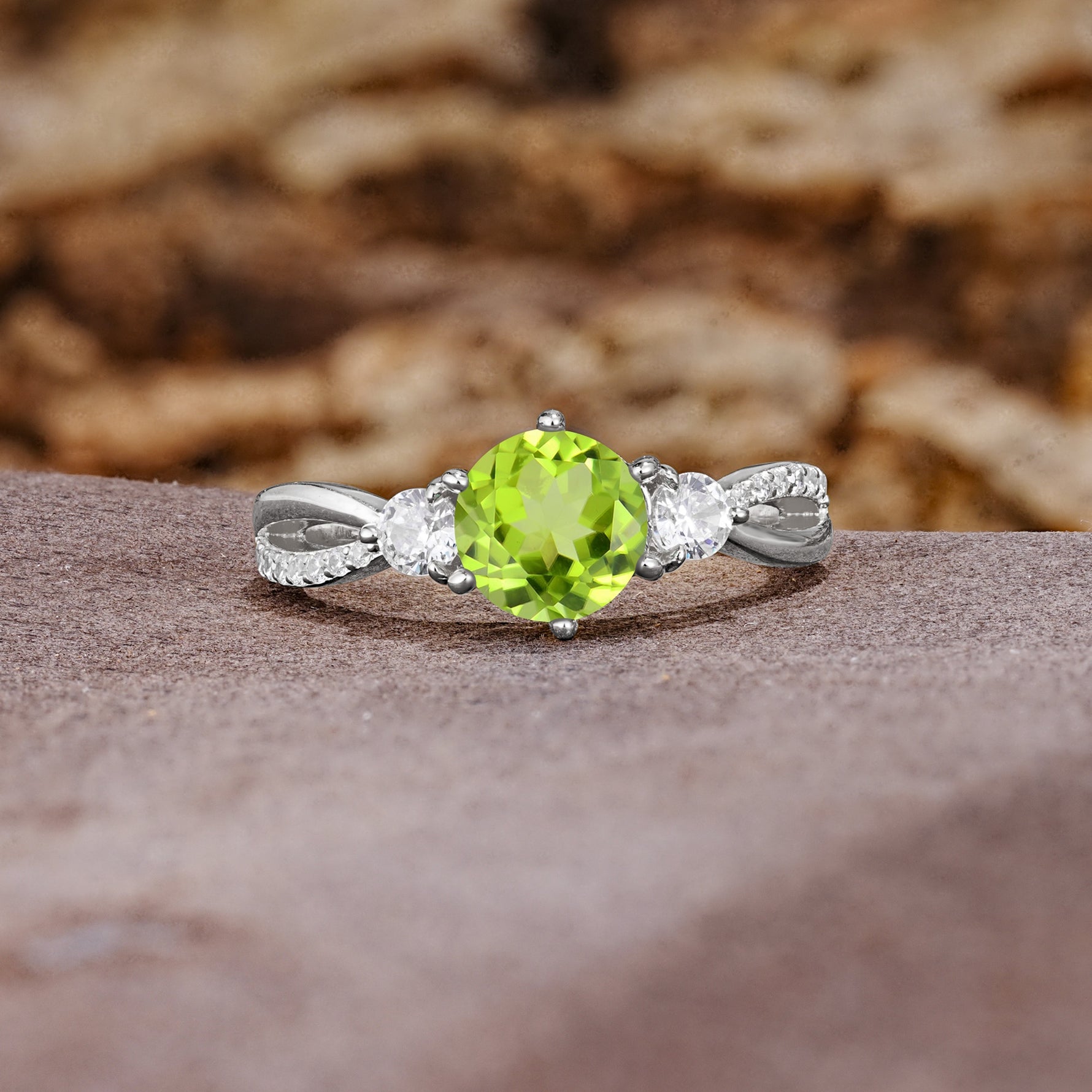 Unique Classic 6-Prong Round Cut PeridotTwo Stones Engagement Ring - Additional view