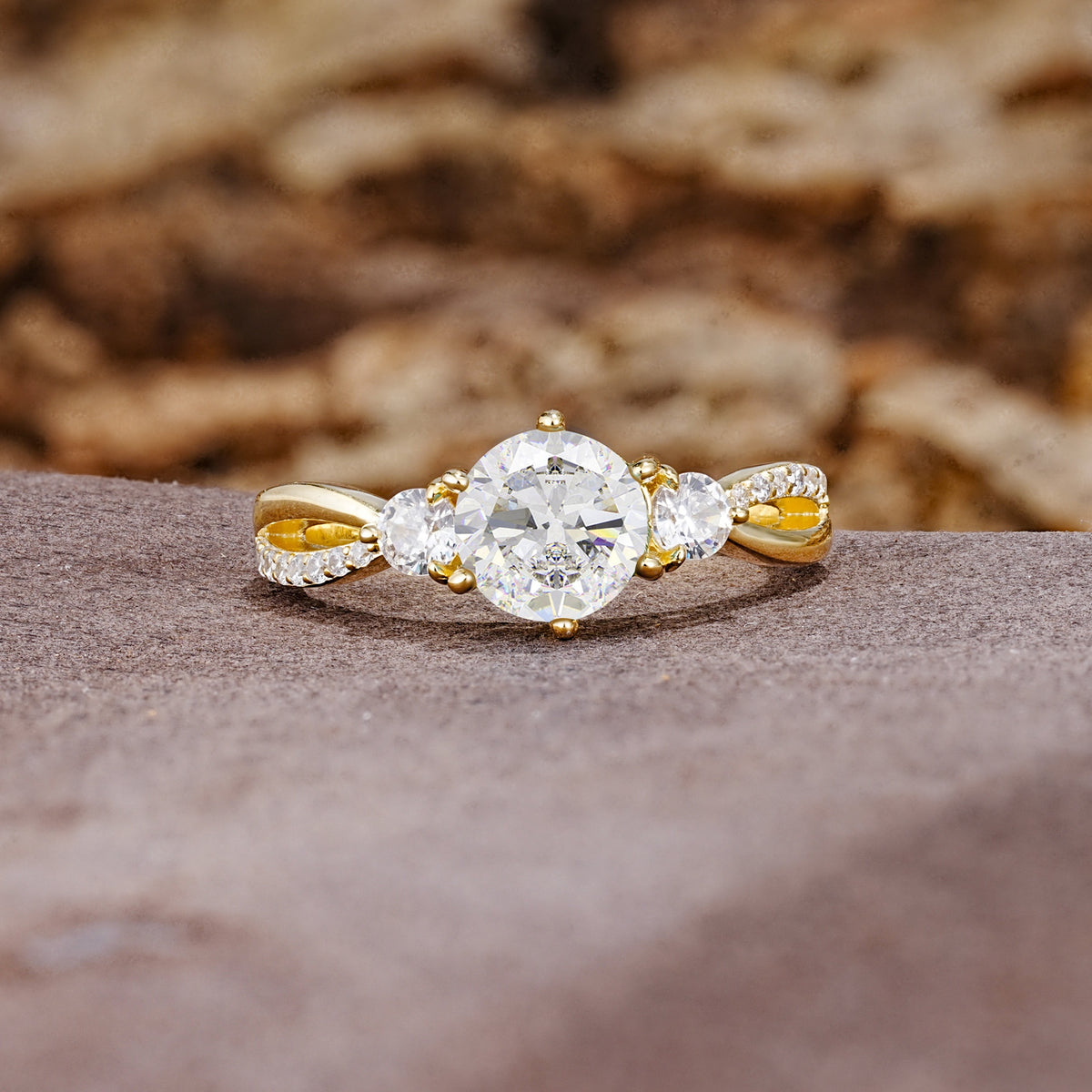 Unique Classic 6-Prong Round Cut MoissaniteTwo Stones Engagement Ring - Additional view