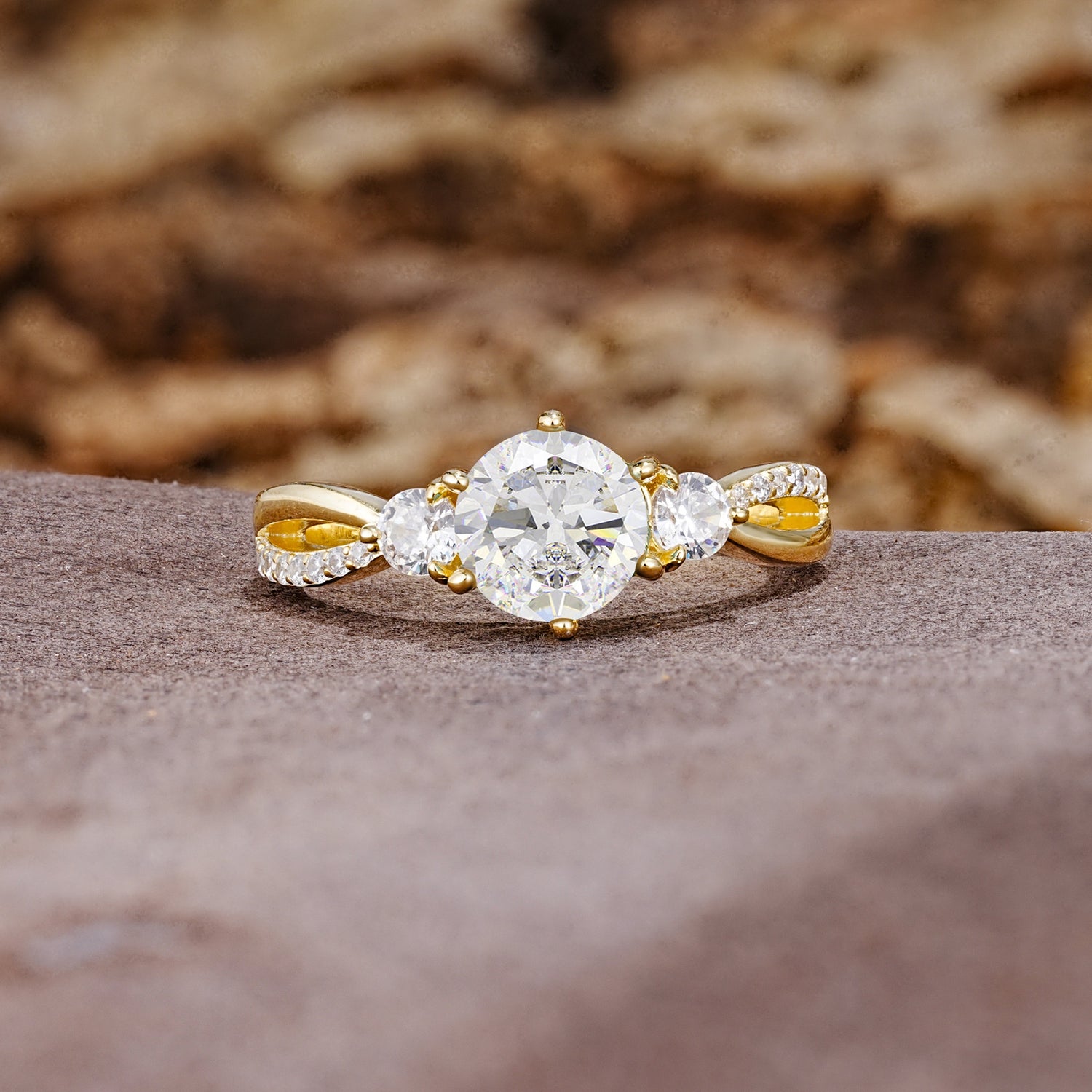 Unique Classic 6-Prong Round Cut MoissaniteTwo Stones Engagement Ring - Additional view