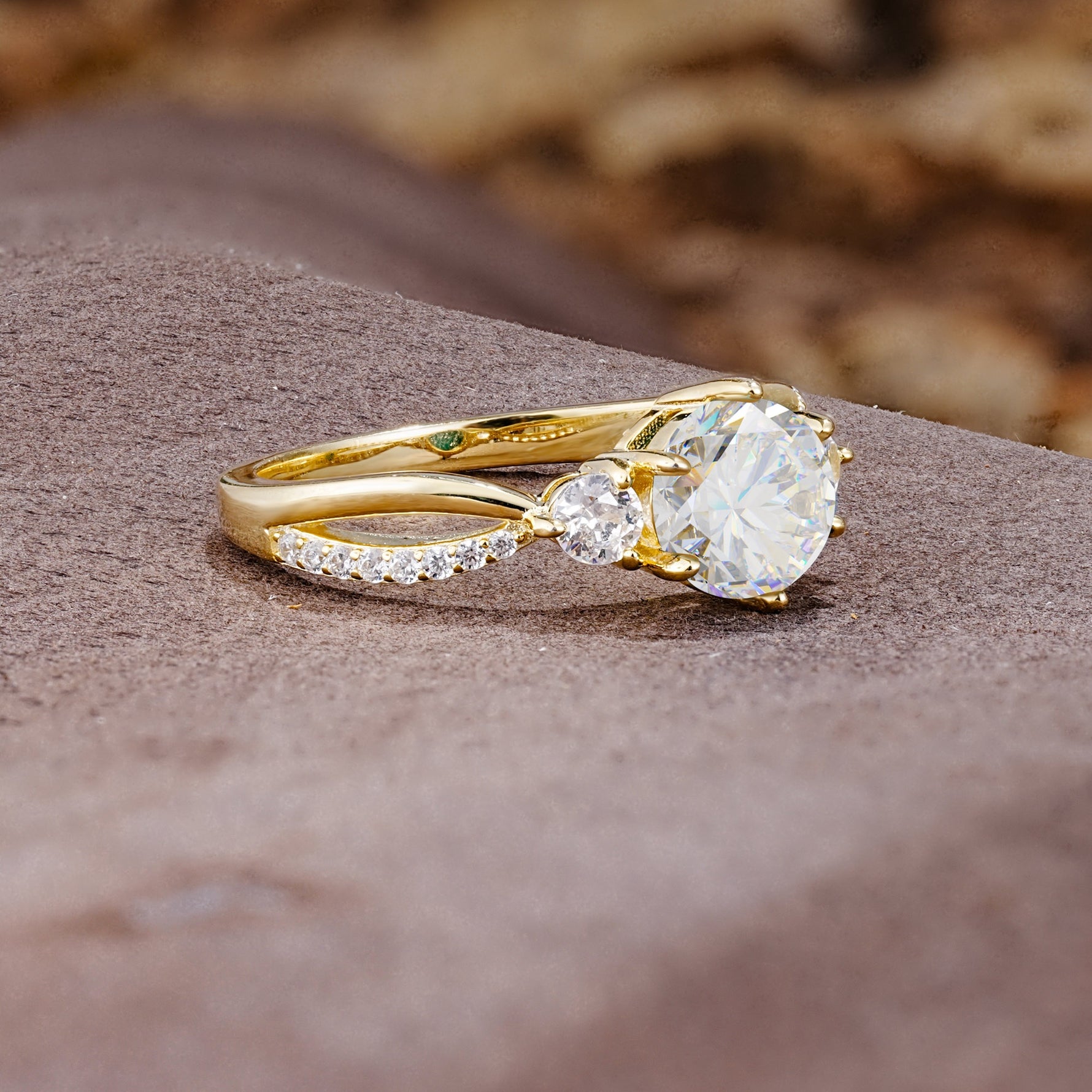 Unique Classic 6-Prong Round Cut MoissaniteTwo Stones Engagement Ring - Additional view