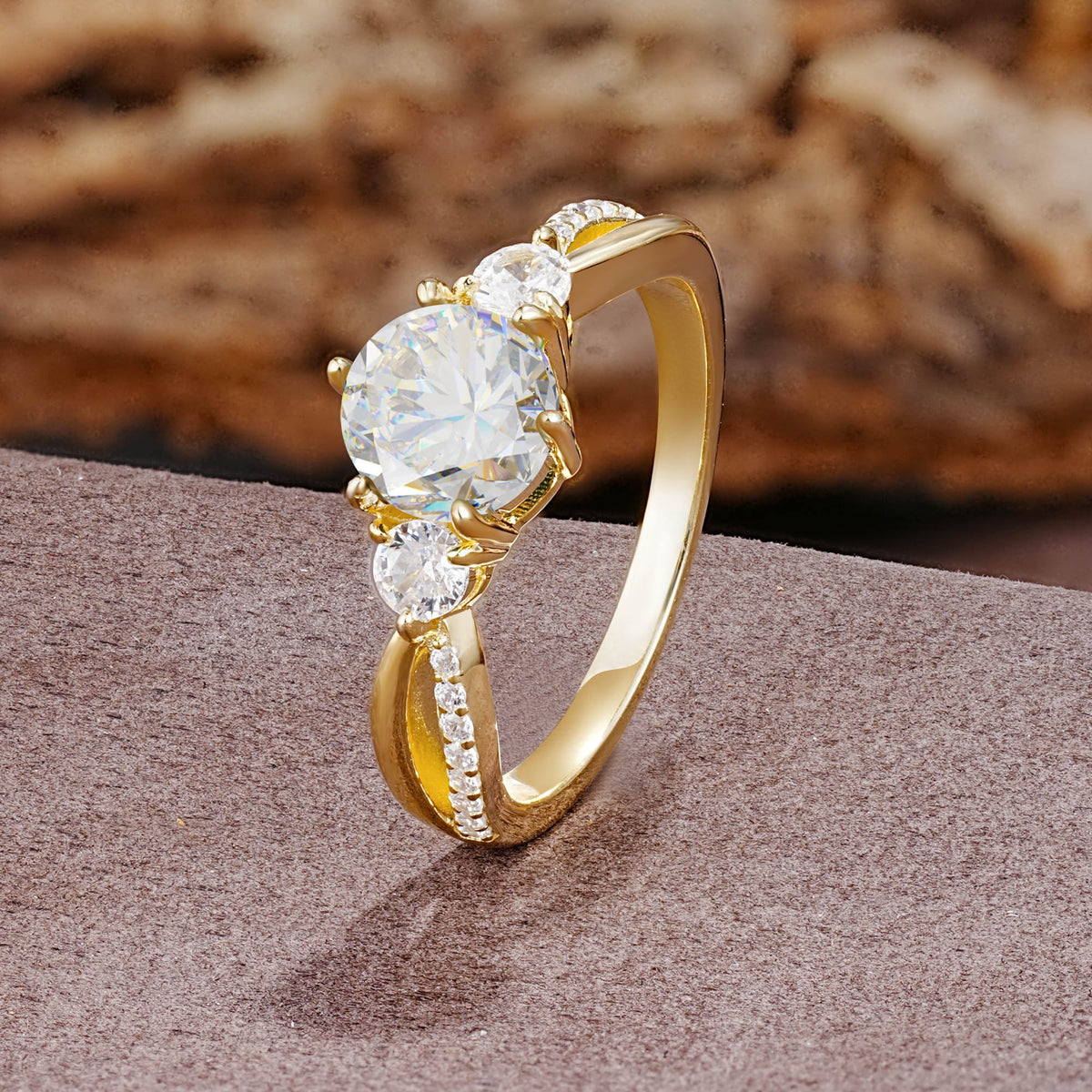 Unique Classic 6-Prong Round Cut MoissaniteTwo Stones Engagement Ring - Additional view