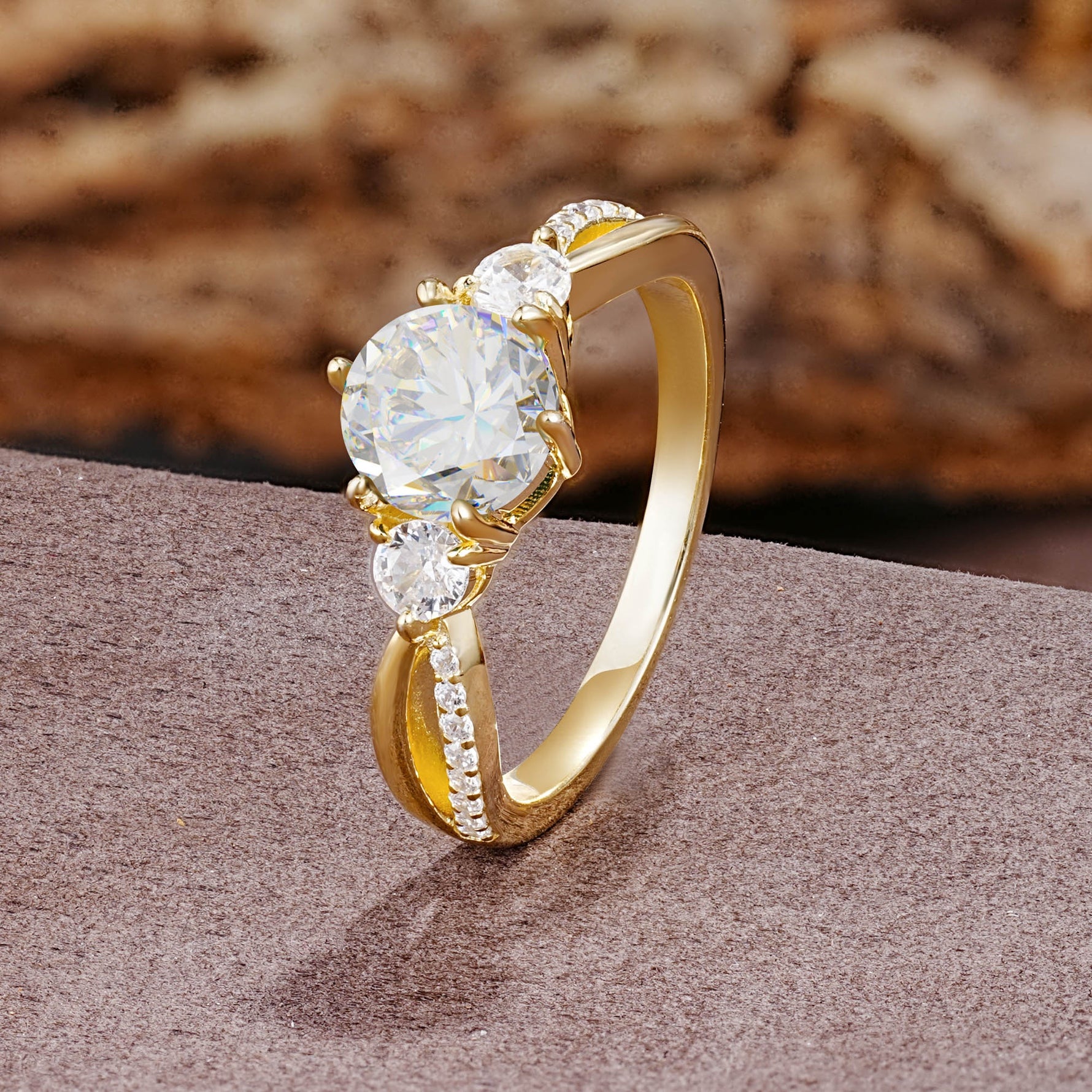 Unique Classic 6-Prong Round Cut MoissaniteTwo Stones Engagement Ring - Additional view