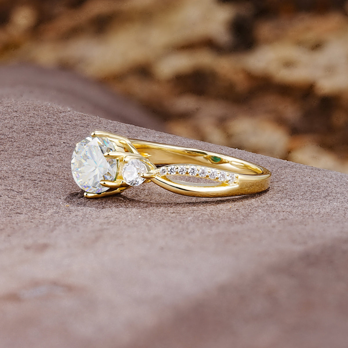 Unique Classic 6-Prong Round Cut MoissaniteTwo Stones Engagement Ring - Additional view