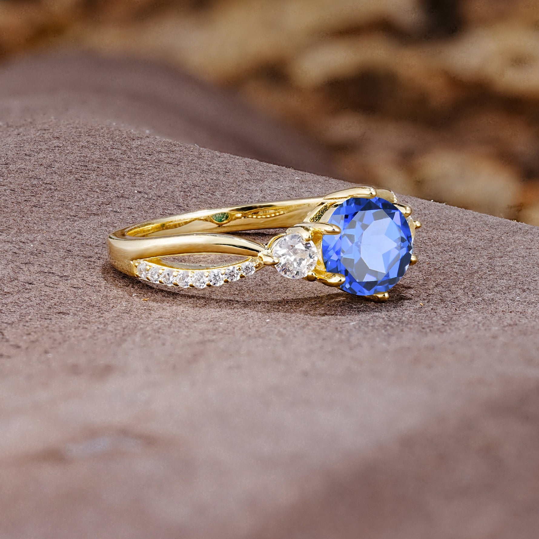Unique Classic 6-Prong Round Cut SapphireTwo Stones Engagement Ring - Additional view
