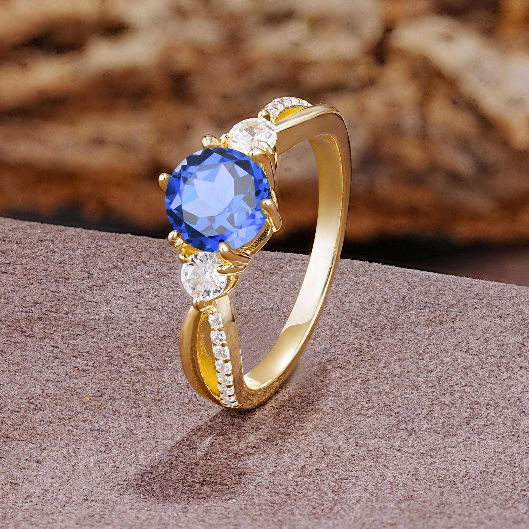 Unique Classic 6-Prong Round Cut SapphireTwo Stones Engagement Ring - Additional view