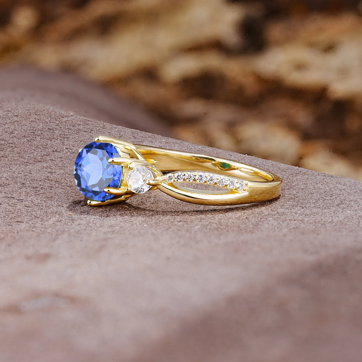 Unique Classic 6-Prong Round Cut SapphireTwo Stones Engagement Ring - Additional view