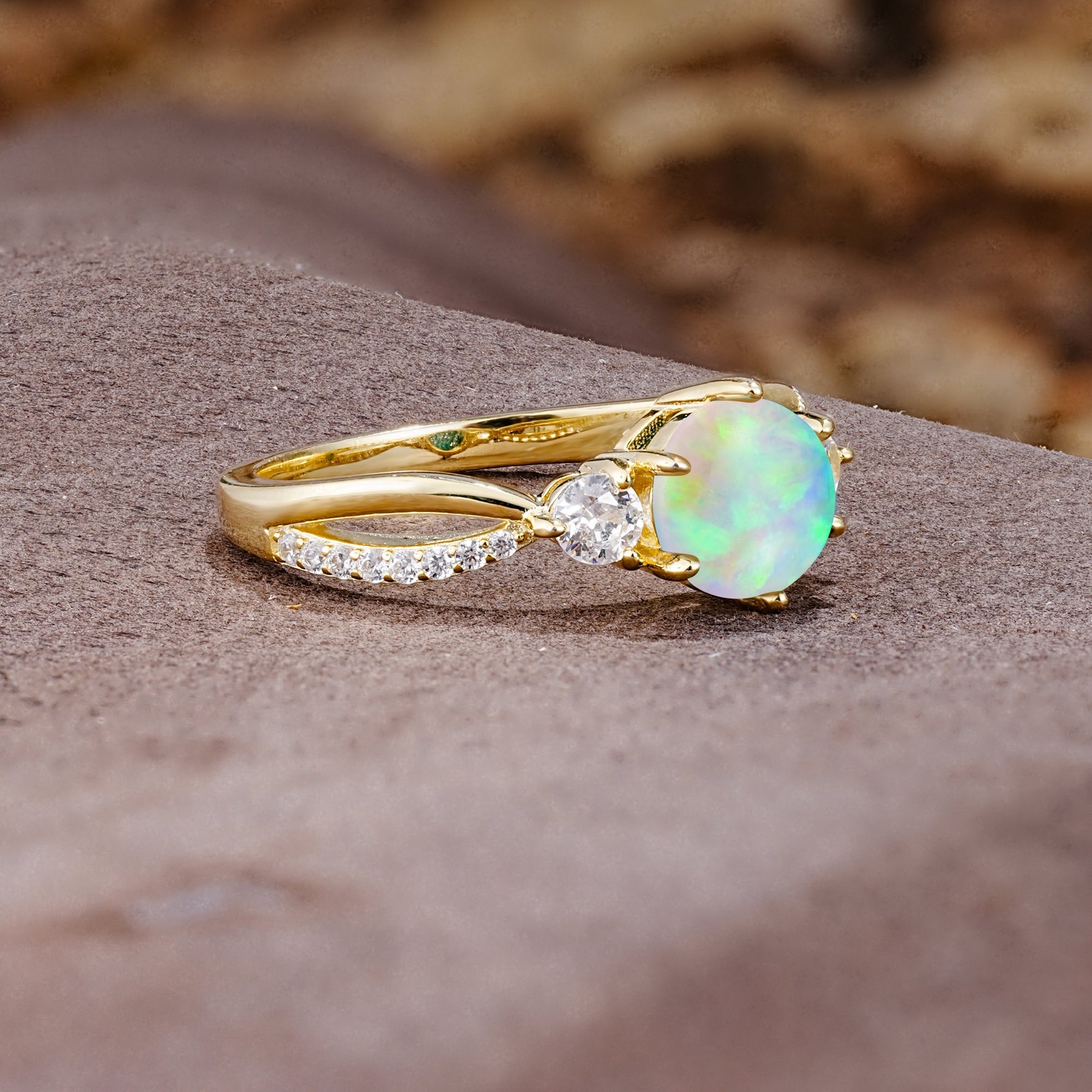 Unique Classic 6-Prong Round Cut Fire OpalTwo Stones Engagement Ring - Additional view