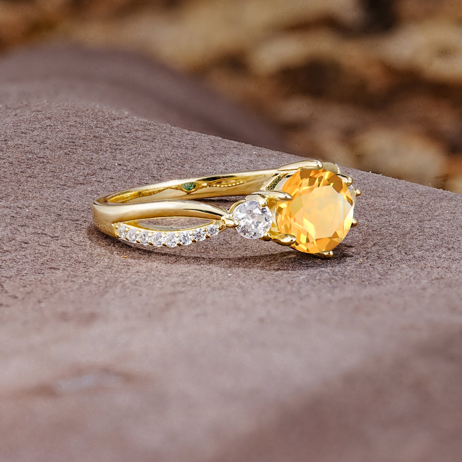 Unique Classic 6-Prong Round Cut CitrineTwo Stones Engagement Ring - Additional view