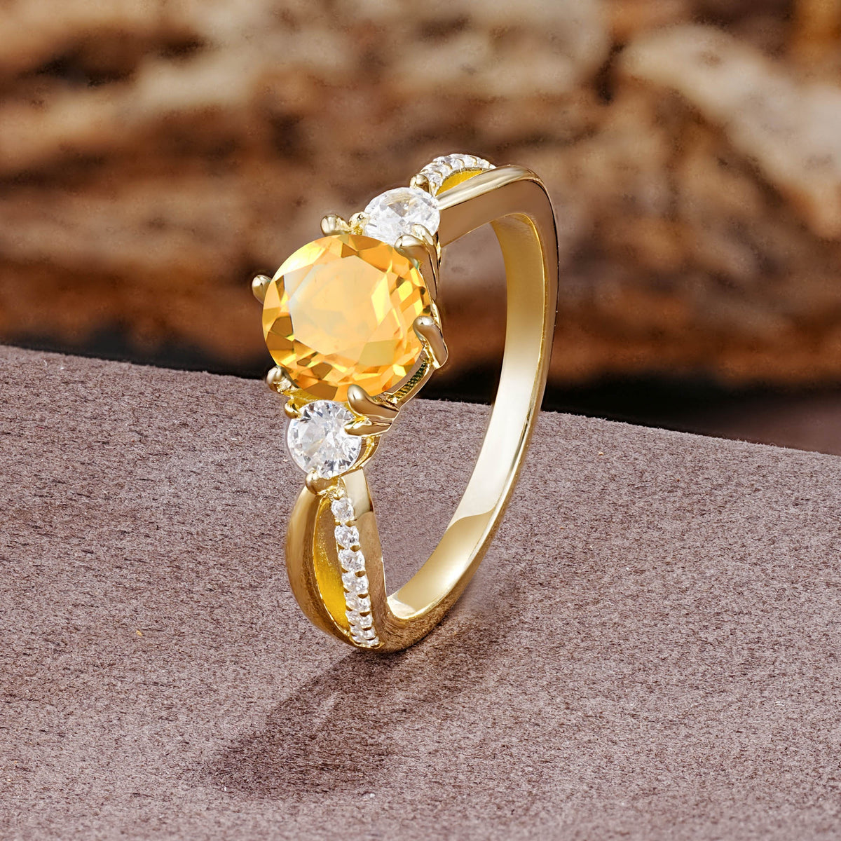 Unique Classic 6-Prong Round Cut CitrineTwo Stones Engagement Ring - Additional view