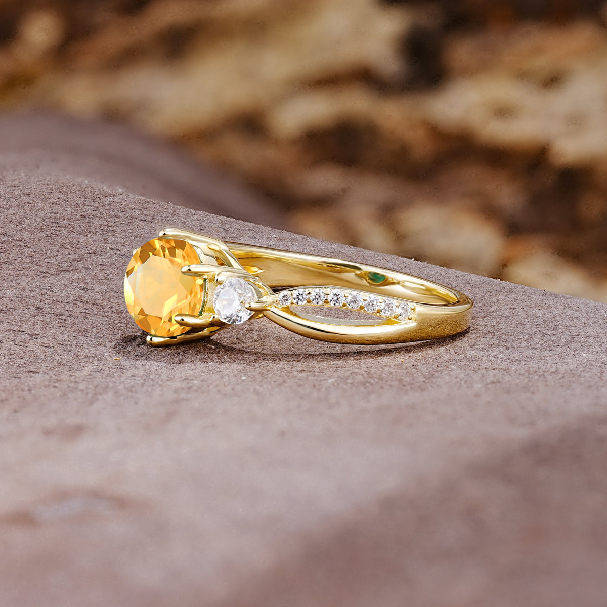 Unique Classic 6-Prong Round Cut CitrineTwo Stones Engagement Ring - Additional view
