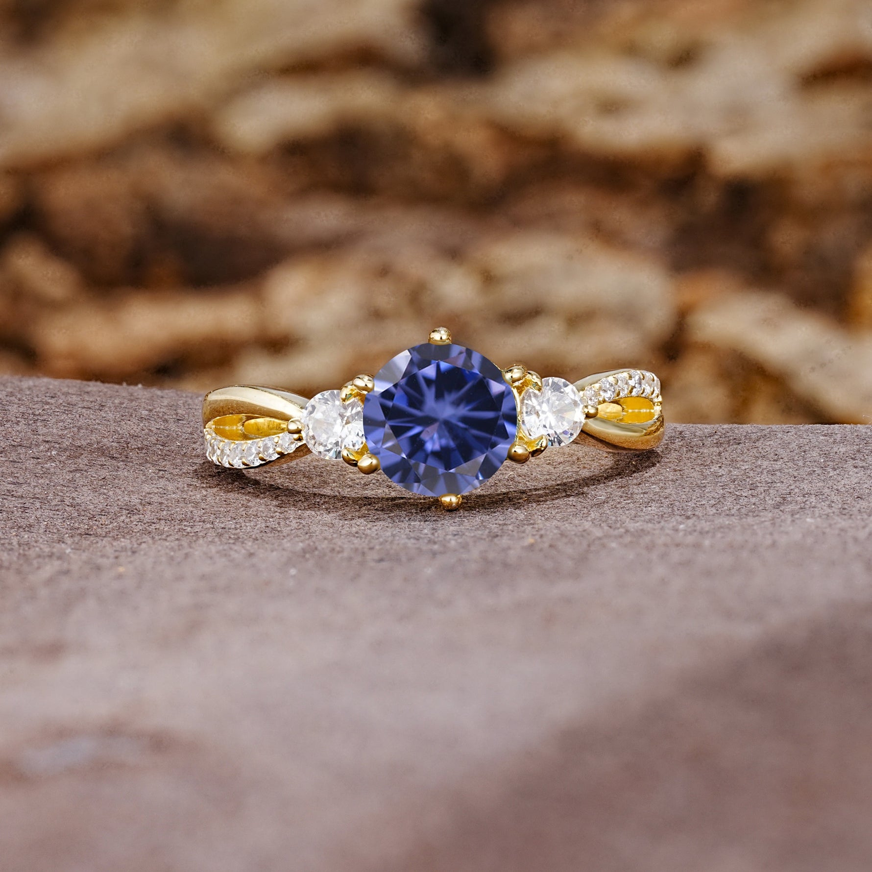 Unique Classic 6-Prong Round Cut TanzaniteTwo Stones Engagement Ring - Additional view