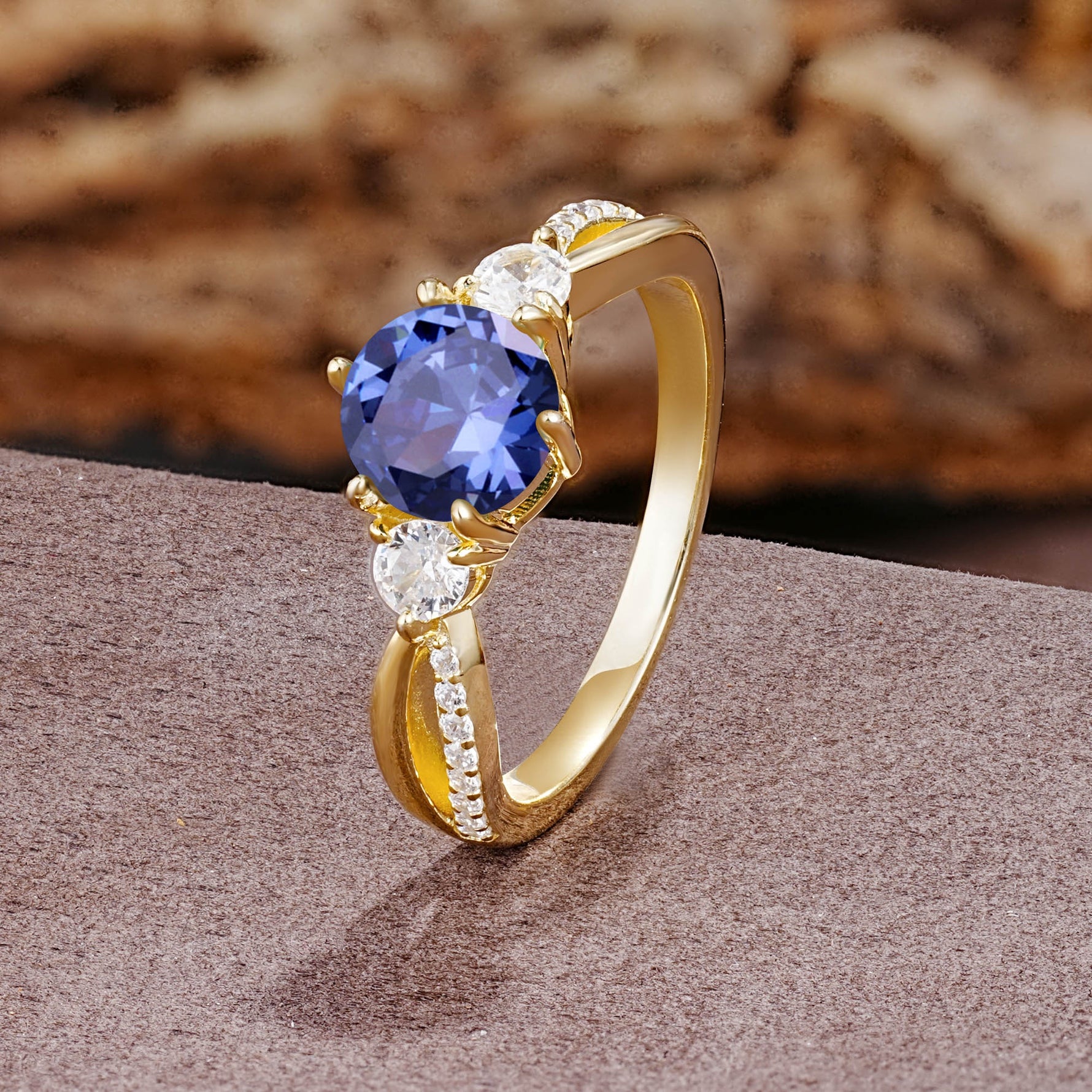 Unique Classic 6-Prong Round Cut TanzaniteTwo Stones Engagement Ring - Additional view