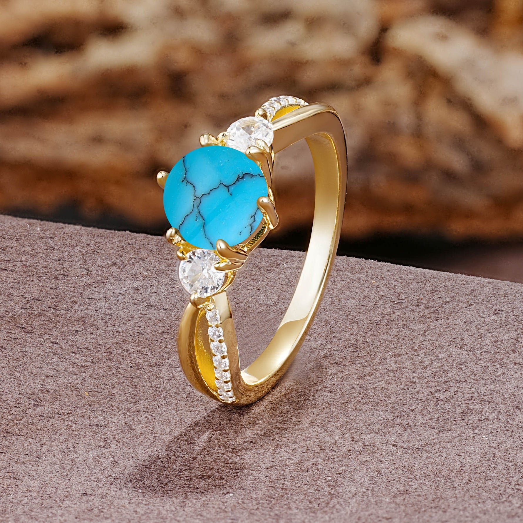 Unique Classic 6-Prong Round Cut TurquoiseTwo Stones Engagement Ring - Additional view