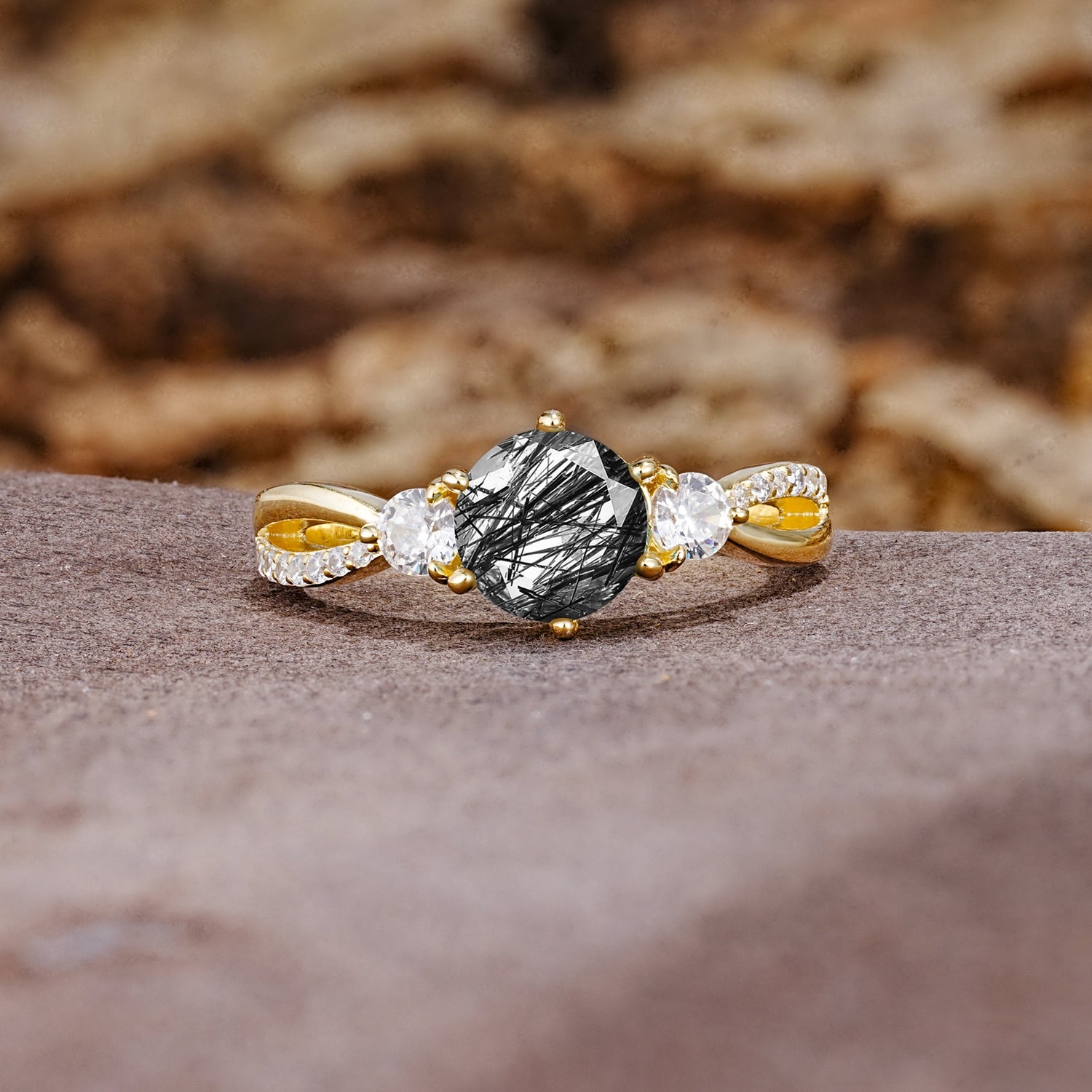 Unique Classic 6-Prong Round Cut Black Rutilated QuartzTwo Stones Engagement Ring - Additional view