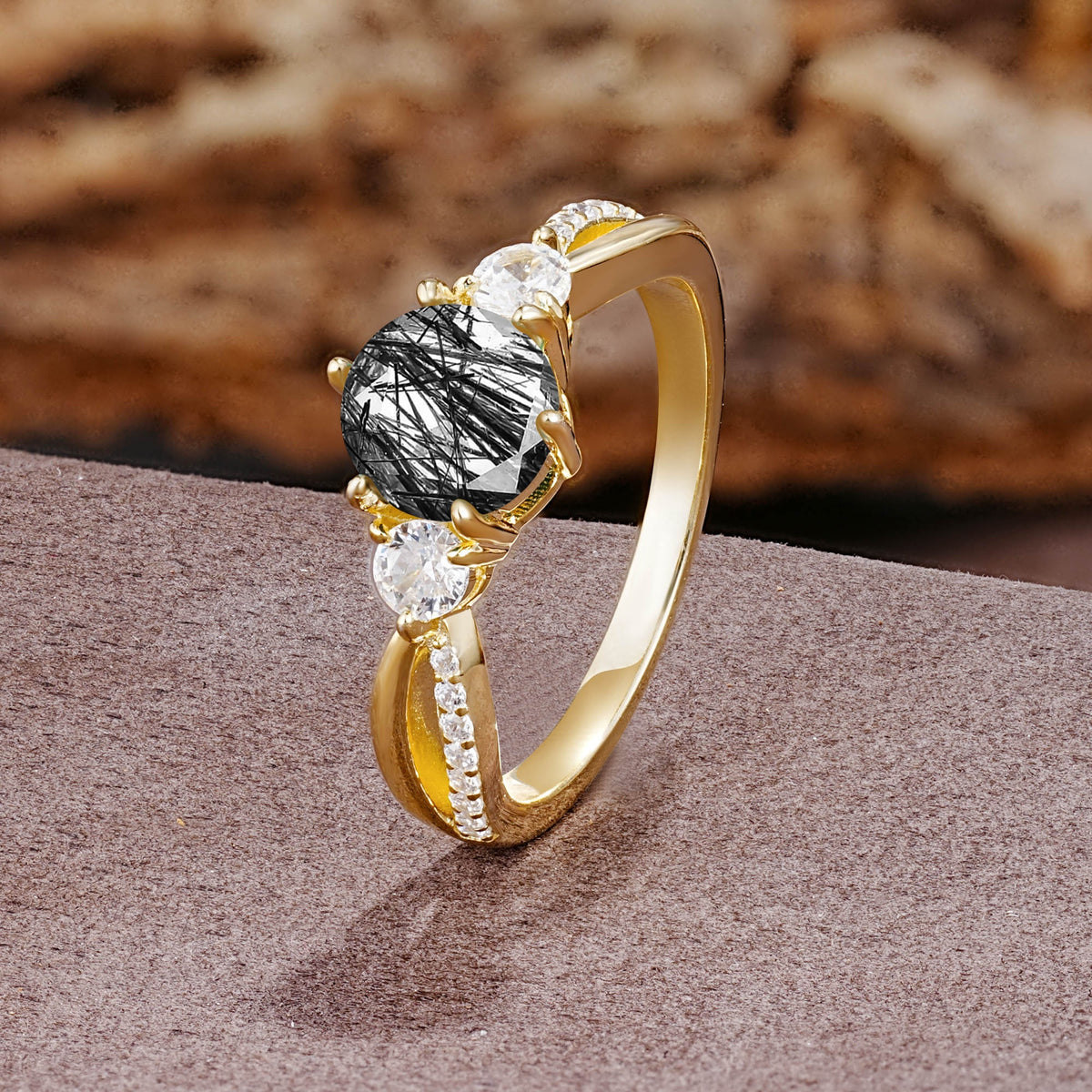 Unique Classic 6-Prong Round Cut Black Rutilated QuartzTwo Stones Engagement Ring - Additional view