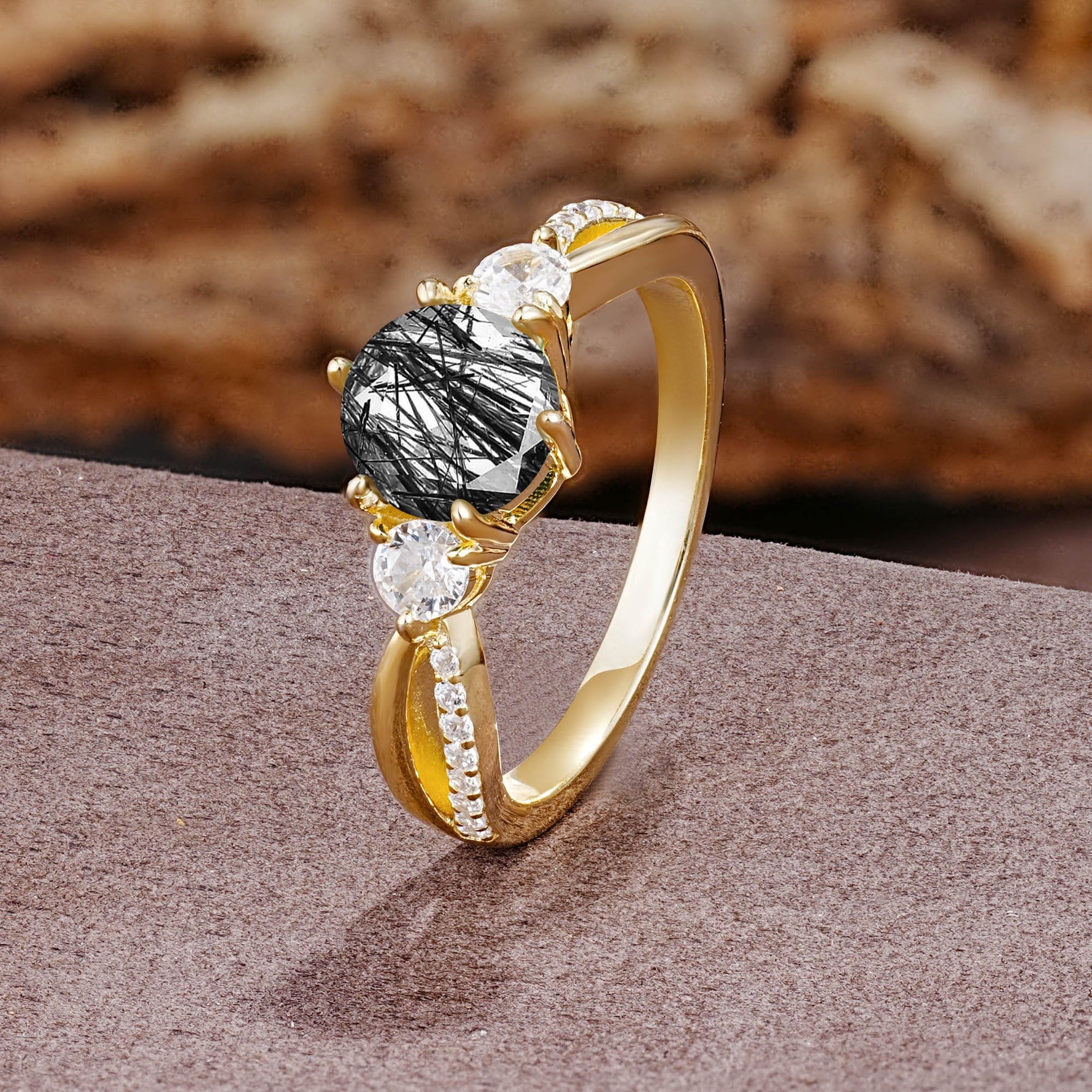 Unique Classic 6-Prong Round Cut Black Rutilated QuartzTwo Stones Engagement Ring - Additional view