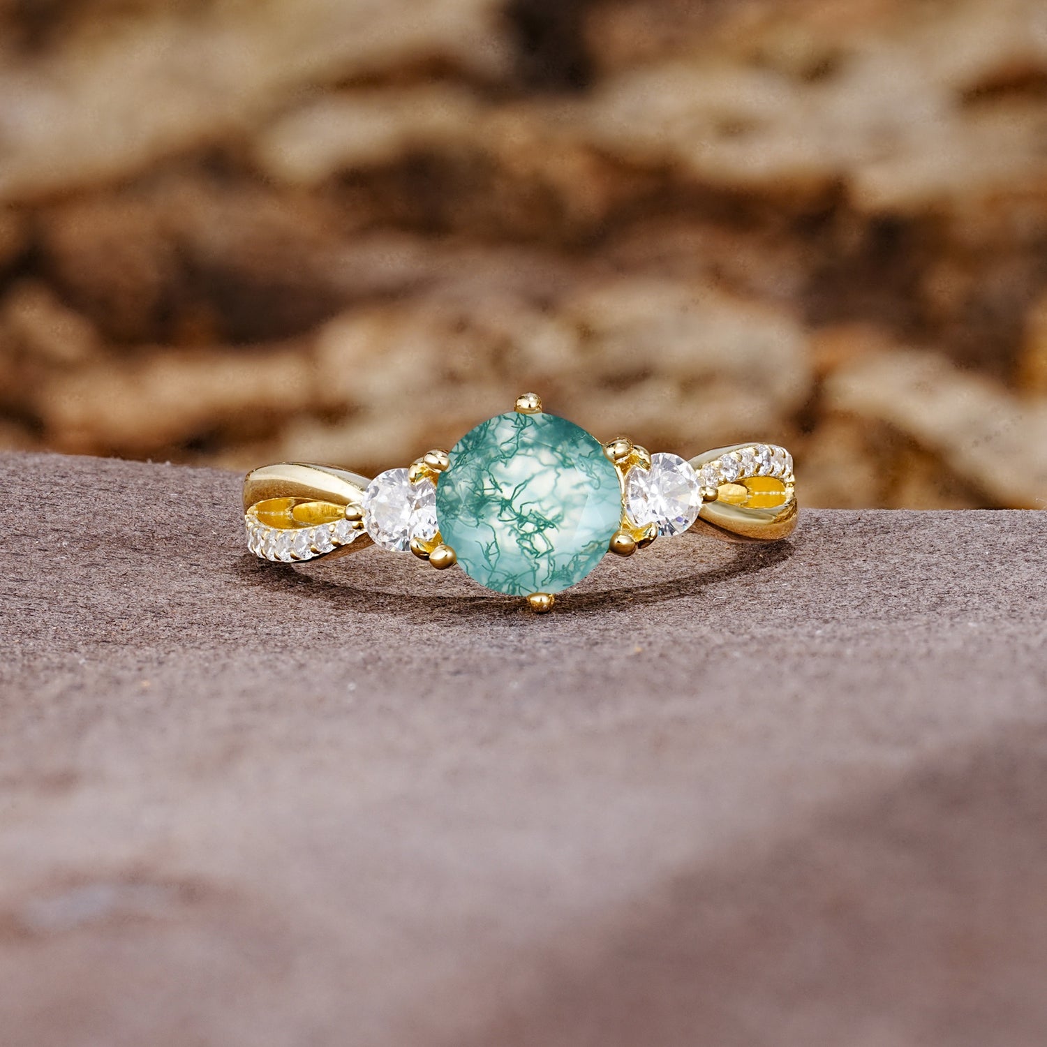 Unique Classic 6-Prong Round Cut Moss AgateTwo Stones Engagement Ring - Additional view
