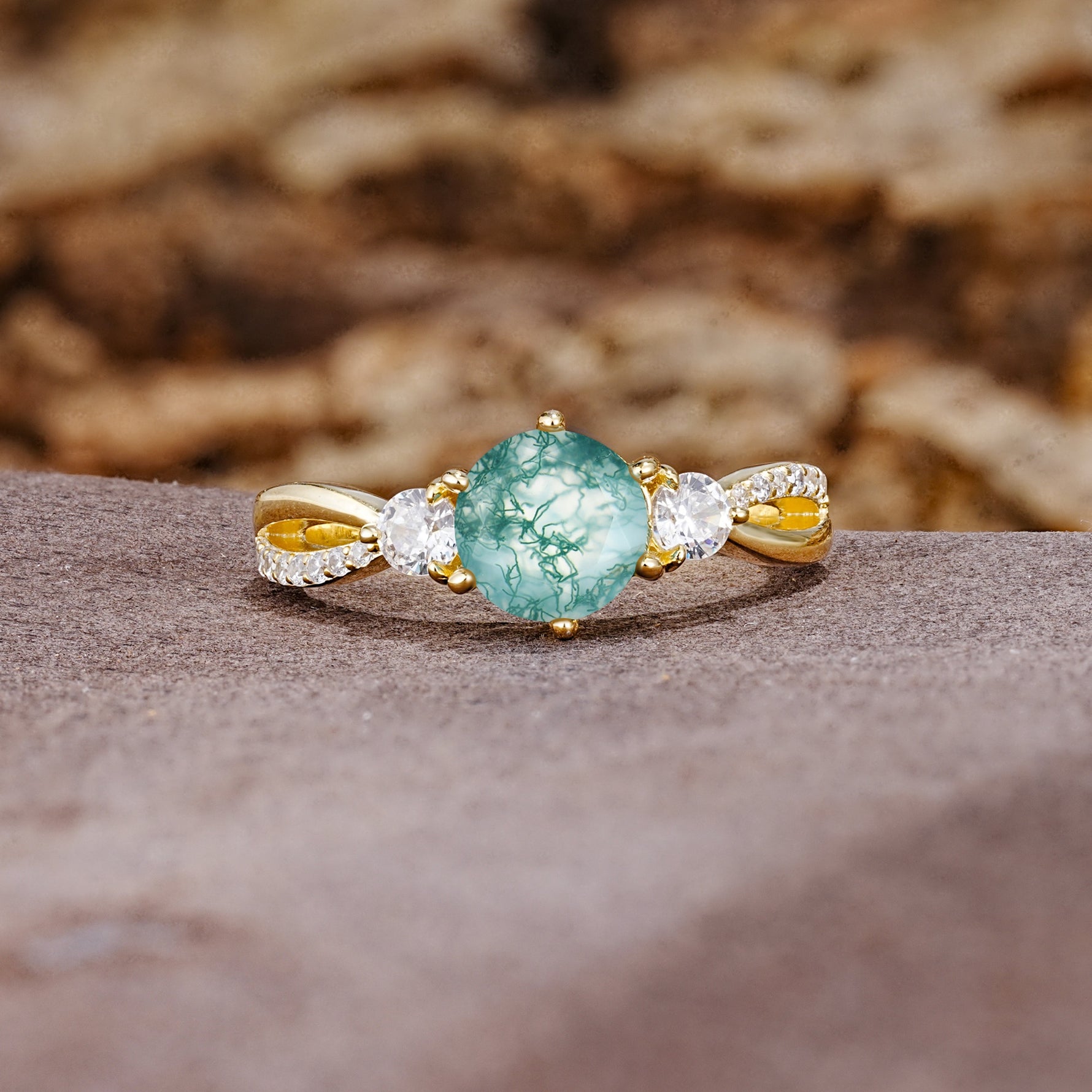 Unique Classic 6-Prong Round Cut Moss AgateTwo Stones Engagement Ring - Additional view
