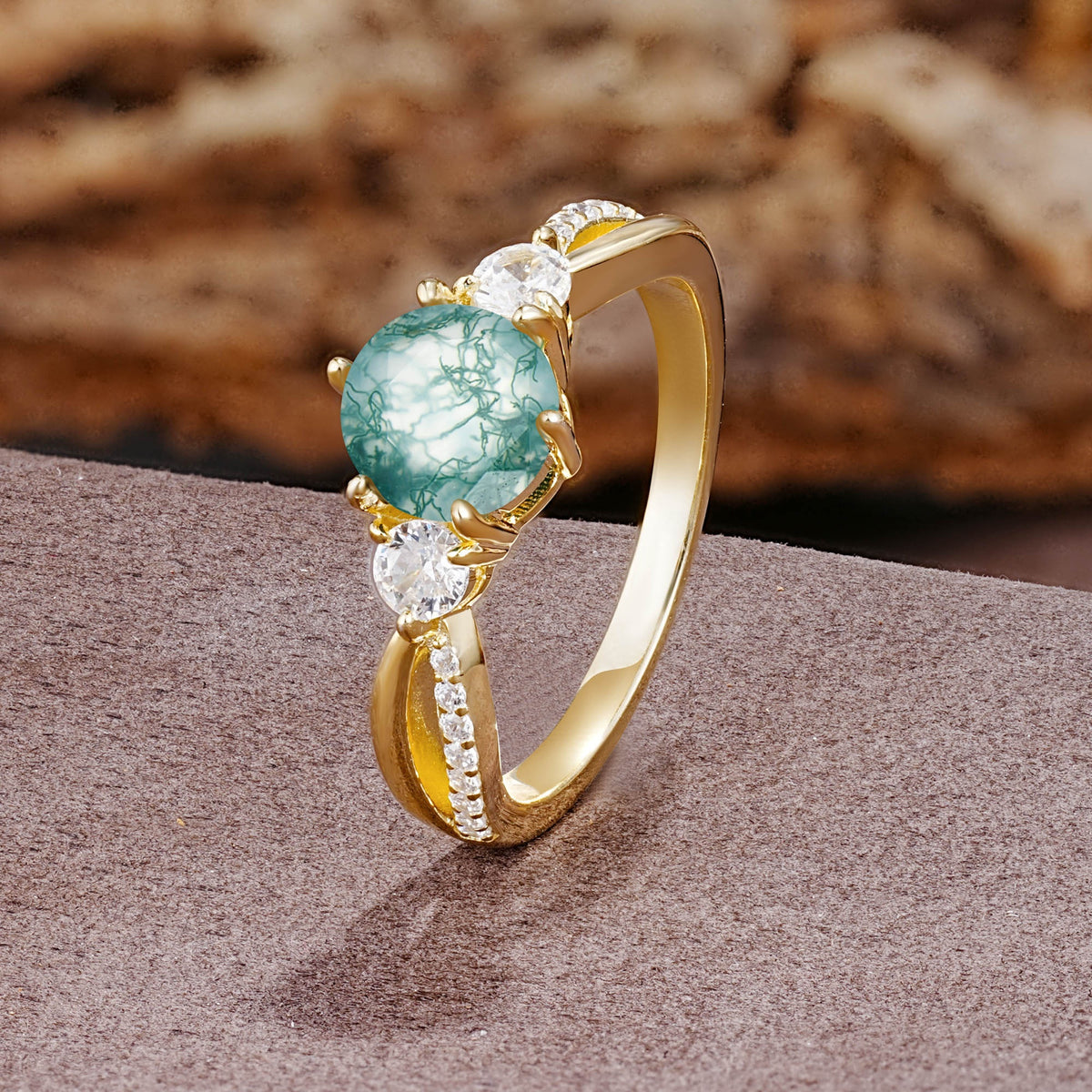 Unique Classic 6-Prong Round Cut Moss AgateTwo Stones Engagement Ring - Additional view