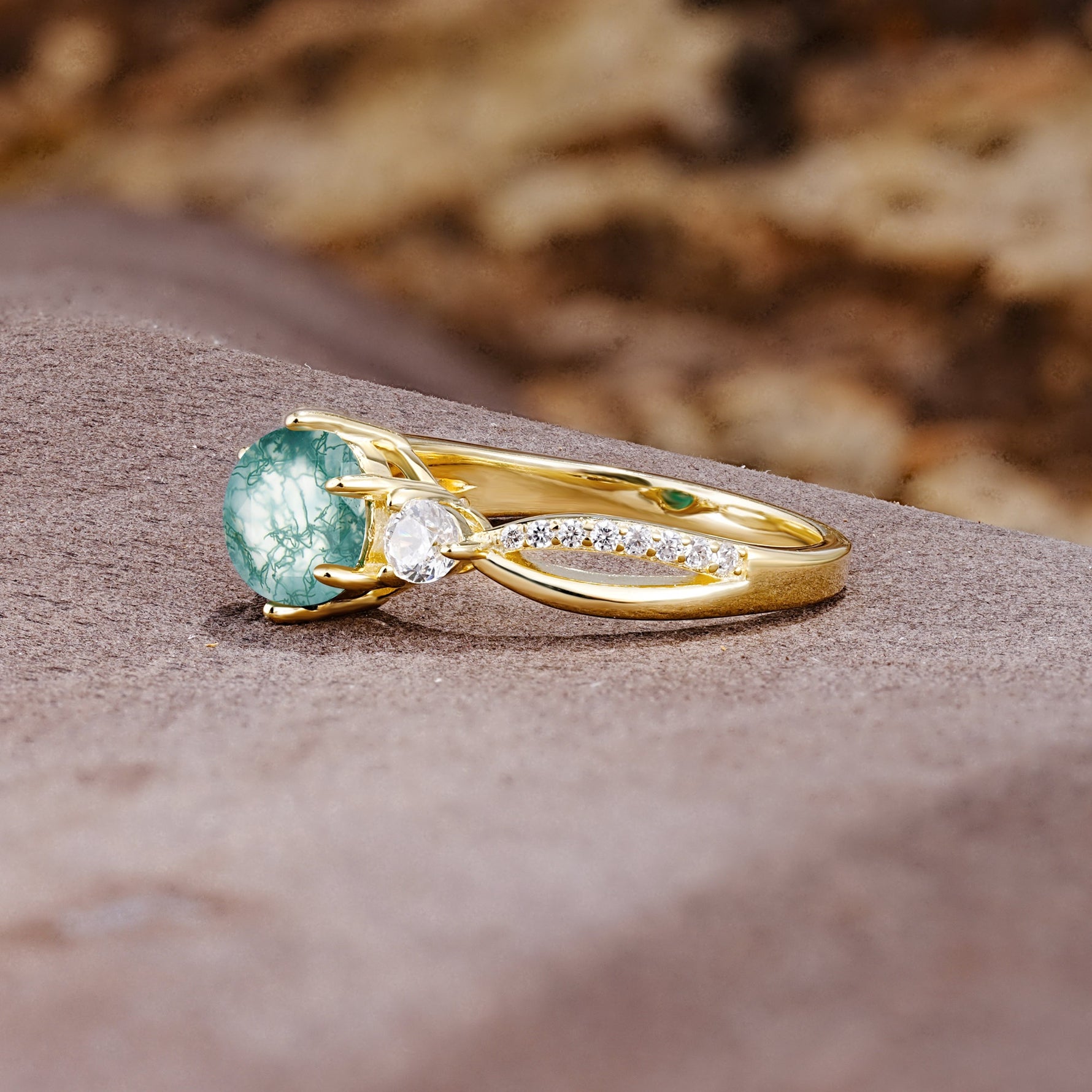 Unique Classic 6-Prong Round Cut Moss AgateTwo Stones Engagement Ring - Additional view