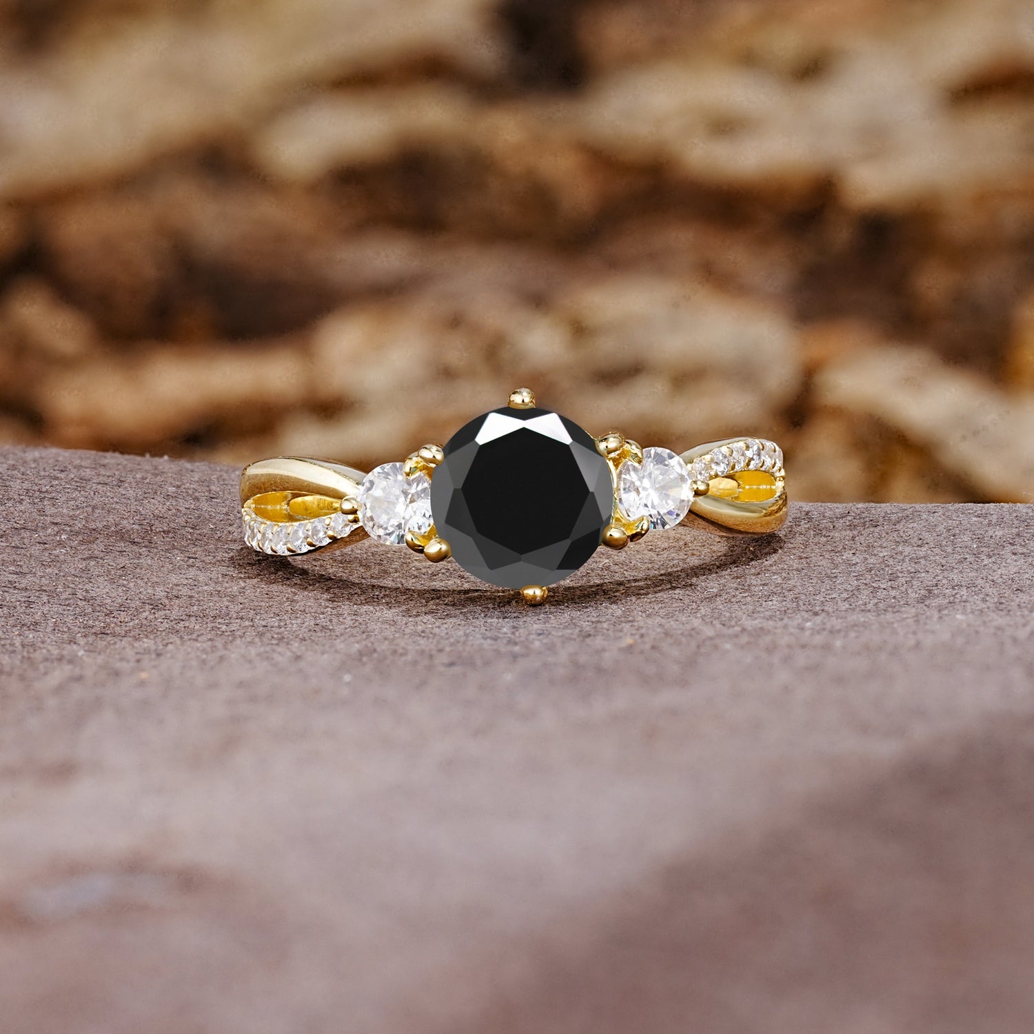 Unique Classic 6-Prong Round Cut Black OnyxTwo Stones Engagement Ring - Additional view