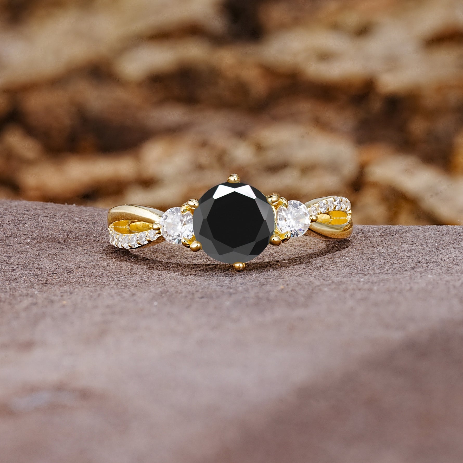 Unique Classic 6-Prong Round Cut Black OnyxTwo Stones Engagement Ring - Additional view