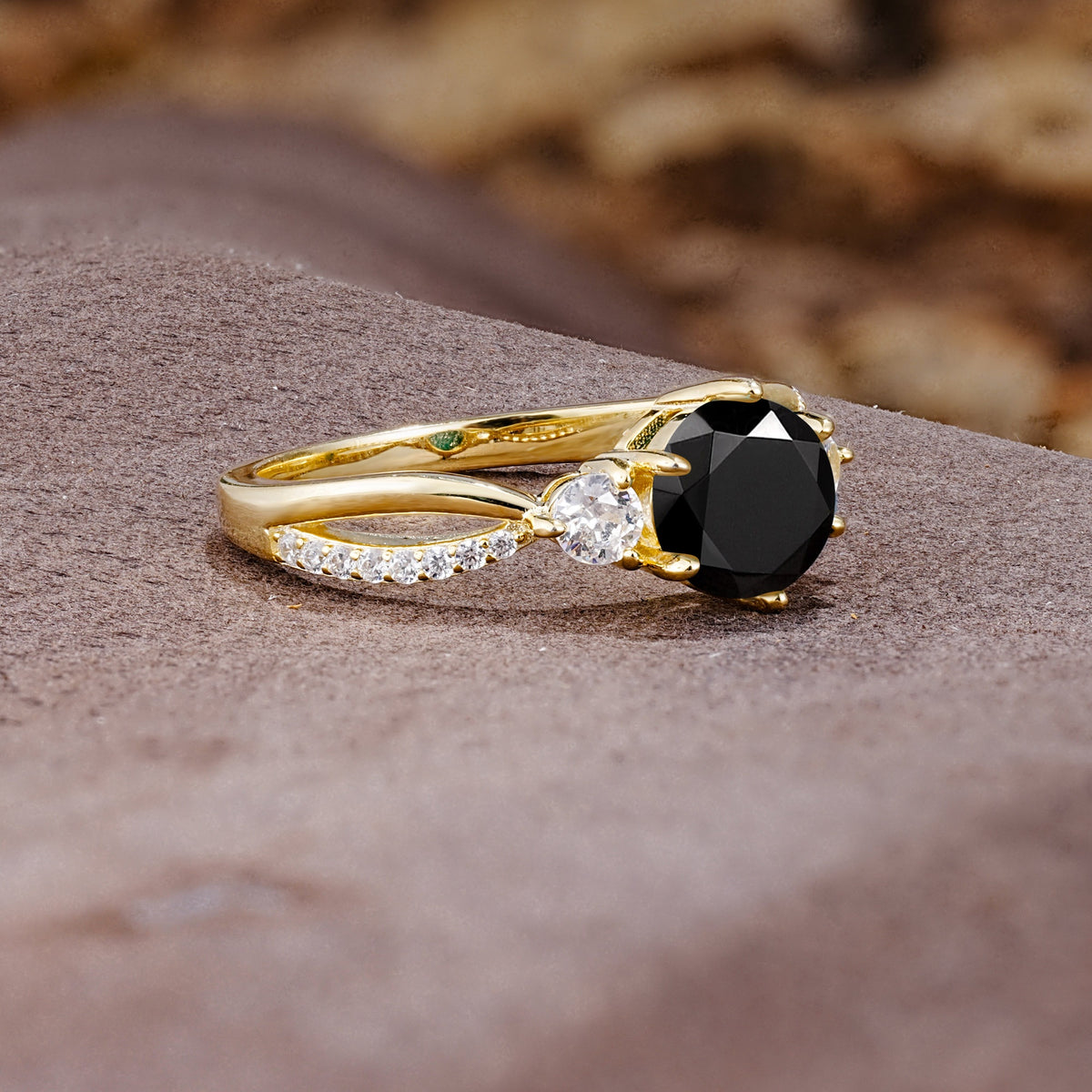 Unique Classic 6-Prong Round Cut Black OnyxTwo Stones Engagement Ring - Additional view