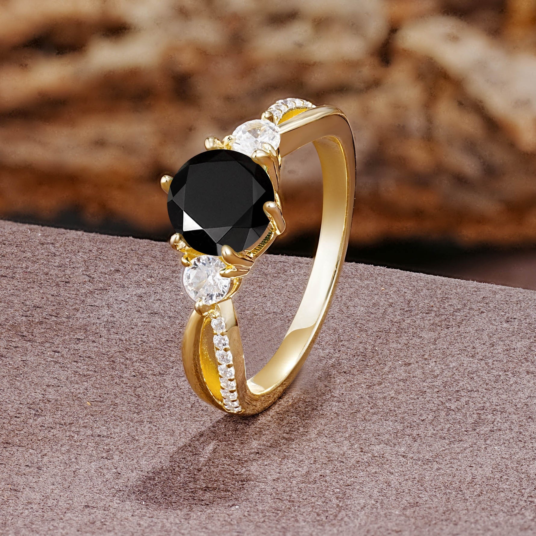 Unique Classic 6-Prong Round Cut Black OnyxTwo Stones Engagement Ring - Additional view