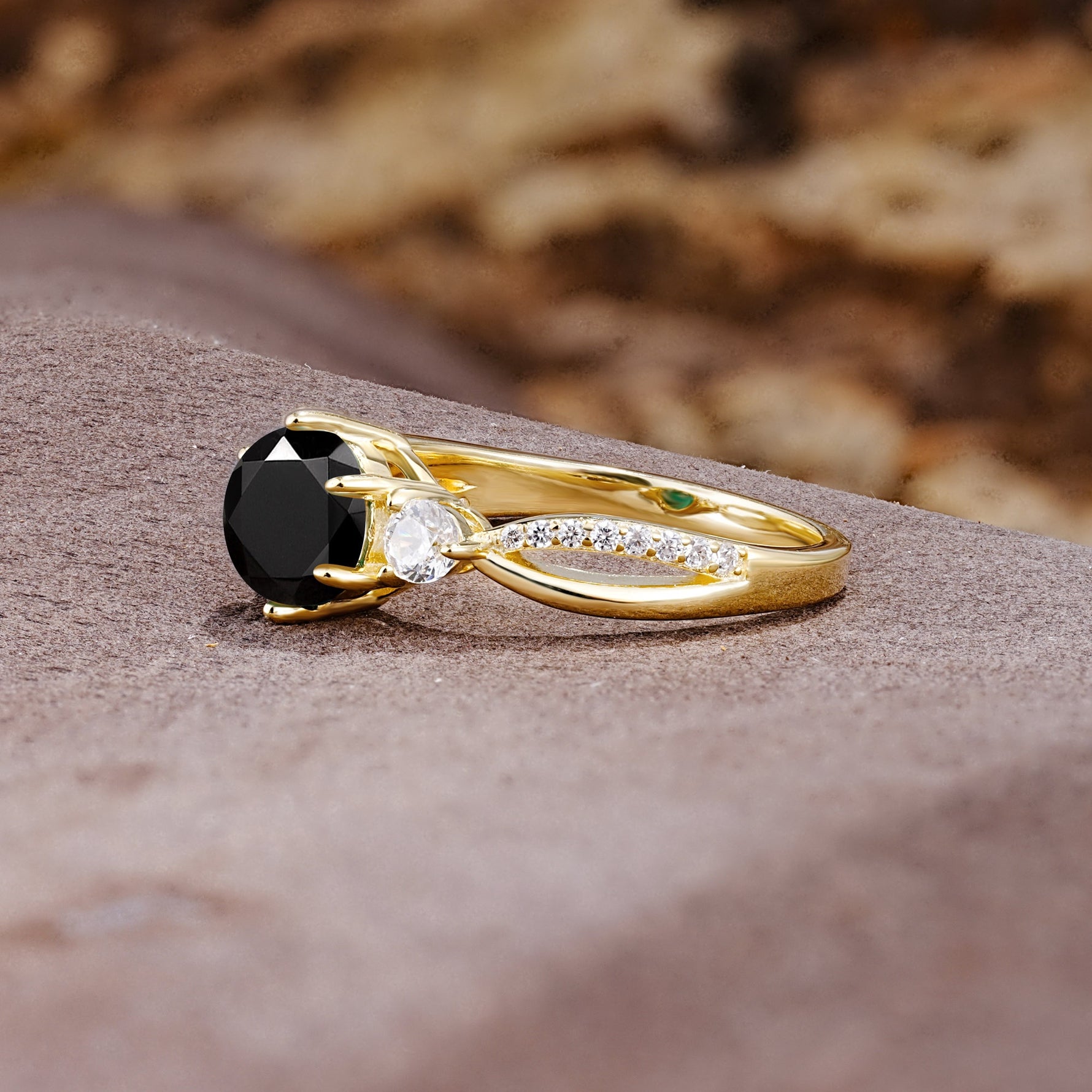 Unique Classic 6-Prong Round Cut Black OnyxTwo Stones Engagement Ring - Additional view